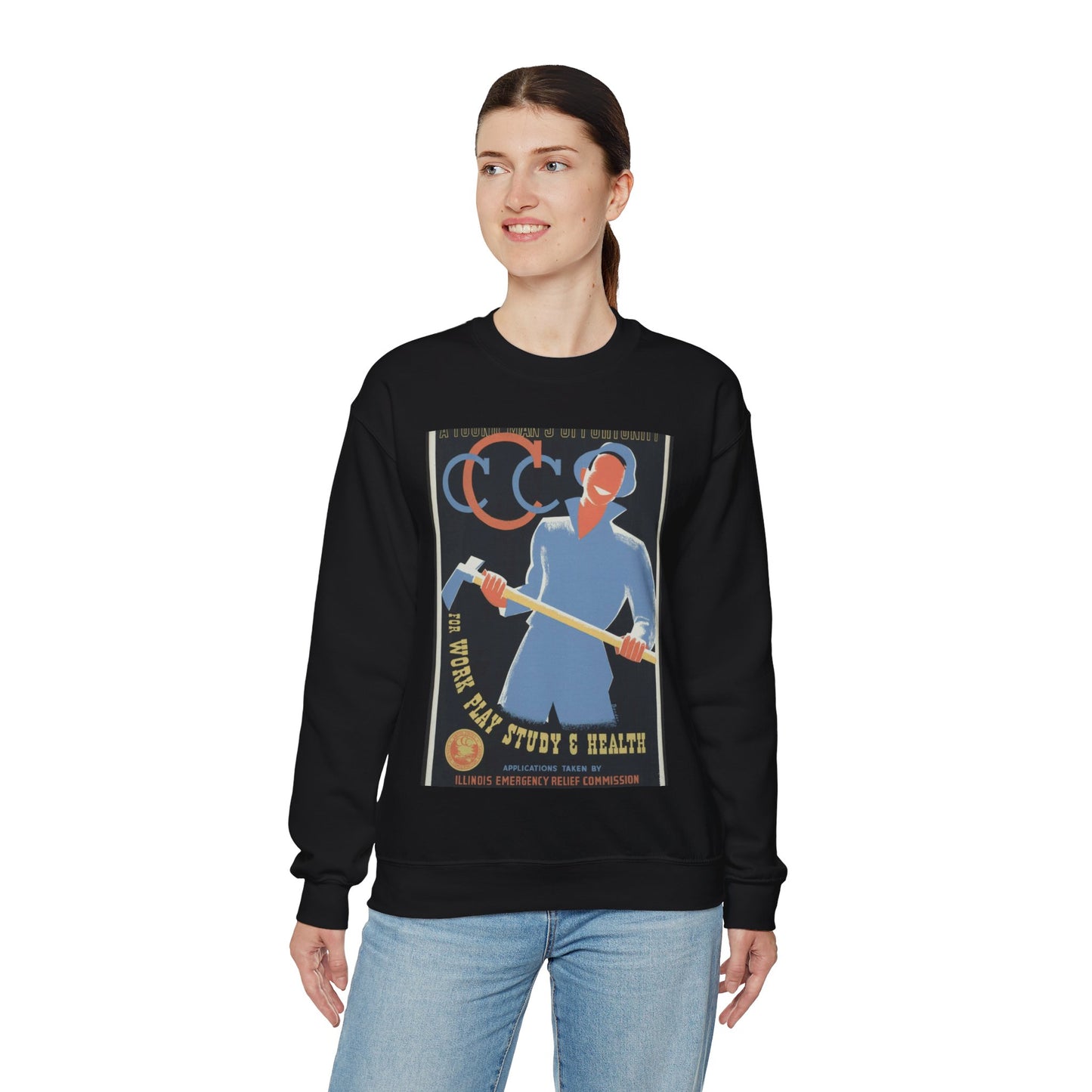 A young man's opportunity for work, play, study & health / Bender ; made by Illinois WPA Art Project, Chicago. Black Heavy Blend Adult Crew Neck SweatShirt