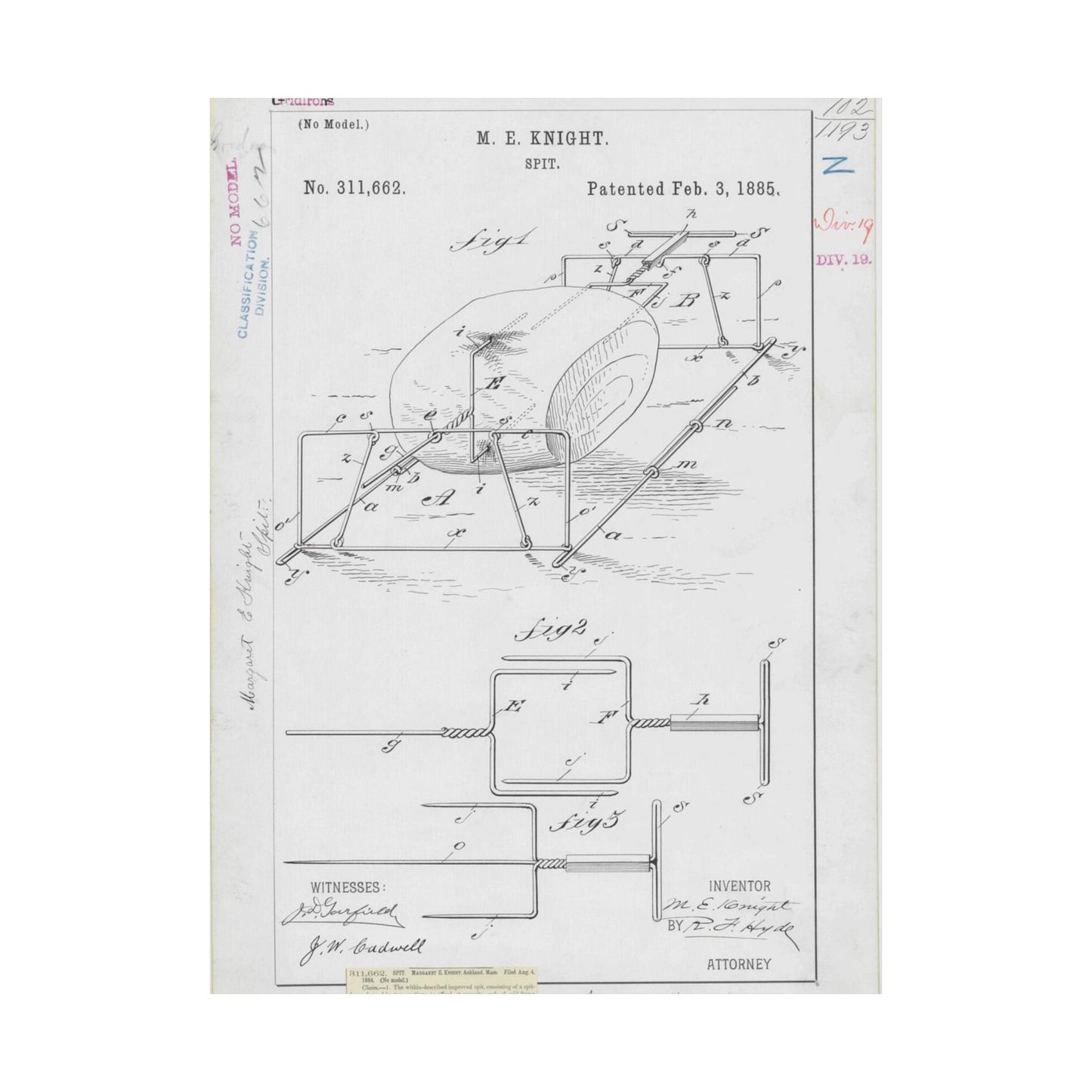 Patent drawing - for M. E. Knight's Spit Public domain  image High Quality Matte Wall Art Poster for Home, Office, Classroom