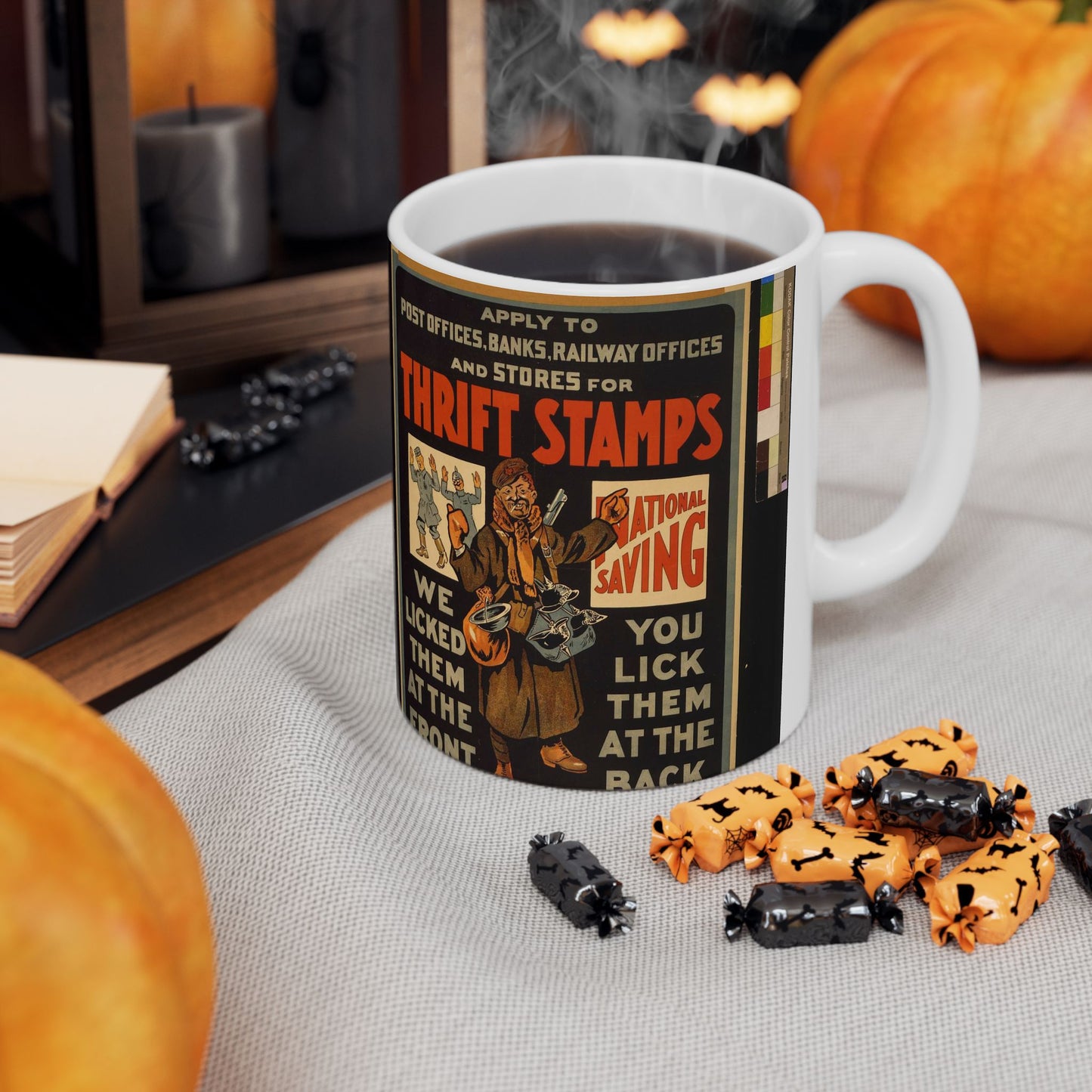 Thrift stamps. We licked them at the front, you lick them at the back Beautiful Novelty Ceramic Coffee Mug 11oz