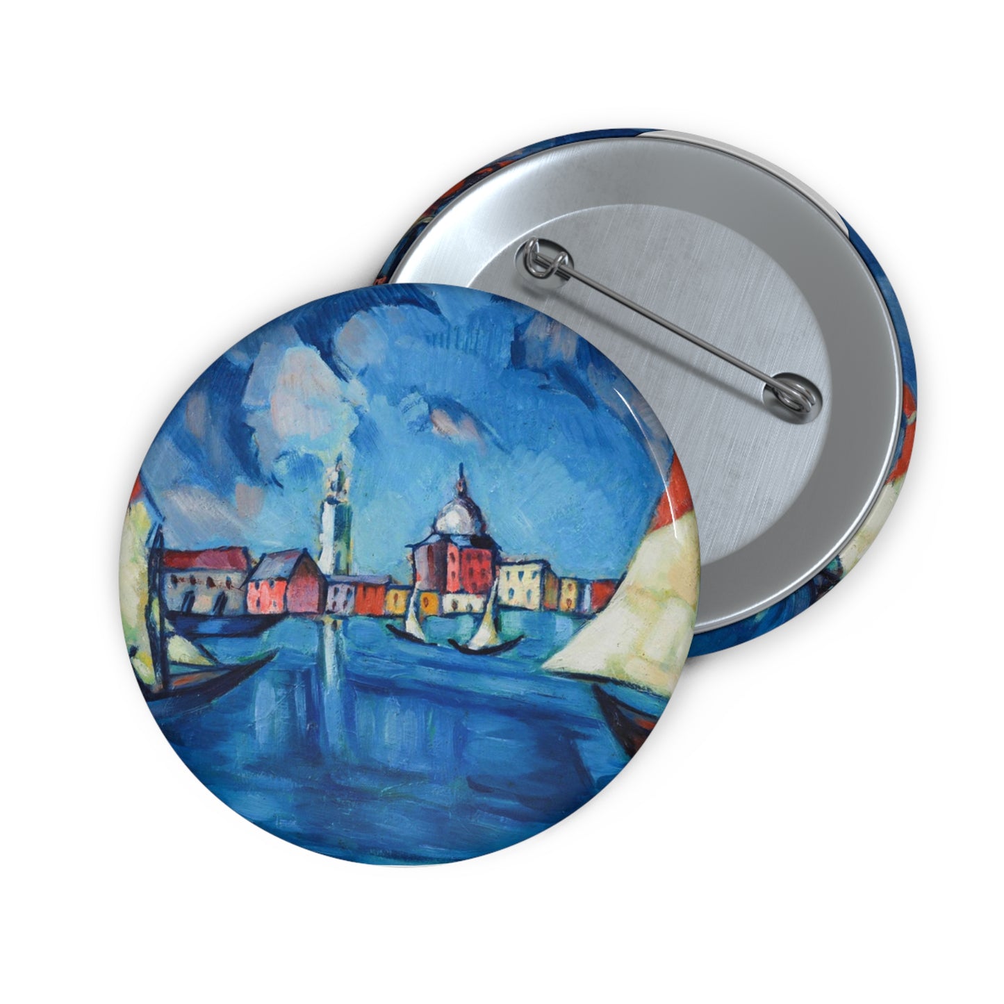 Magi veneetsia - A painting of boats in a harbor with buildings in the background Pin Buttons with Crisp Design