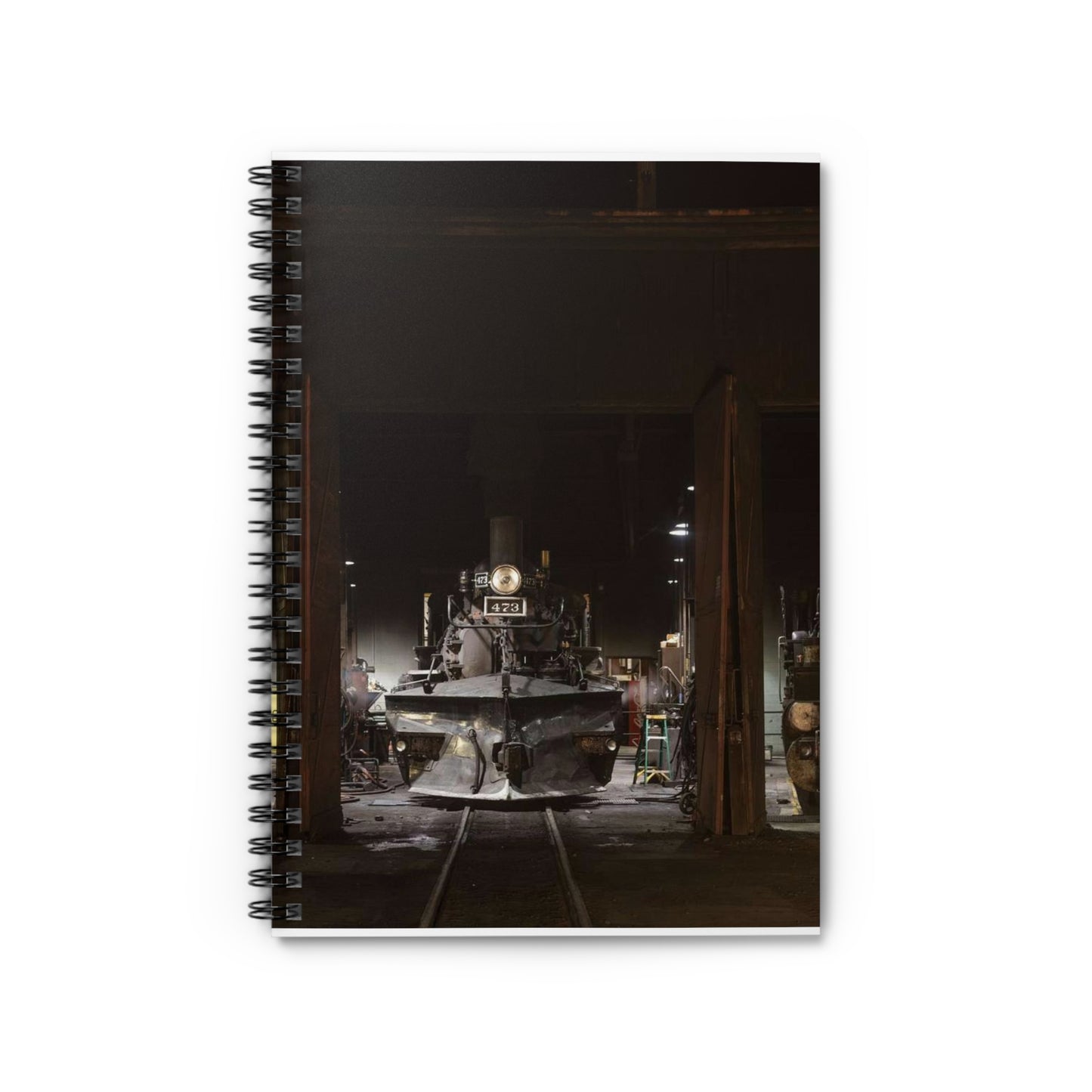 Steam locomotives in the roundhouse of the Durango & Silverton Narrow Gauge Scenic Railroad in Durango, Colorado Spiral Bound Ruled Notebook with Printed Cover