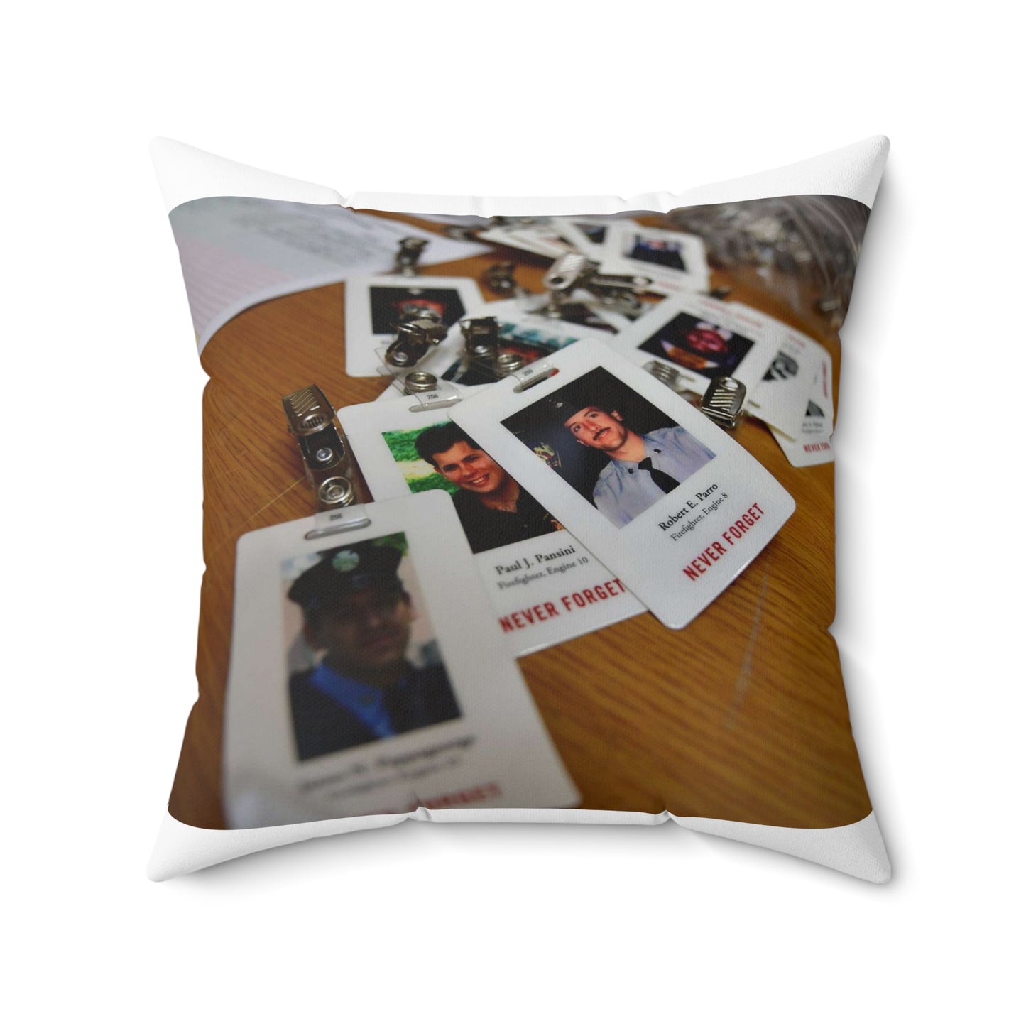 Badges with photos of 9/11 emergency responders, sit Decorative Accent Square Pillow