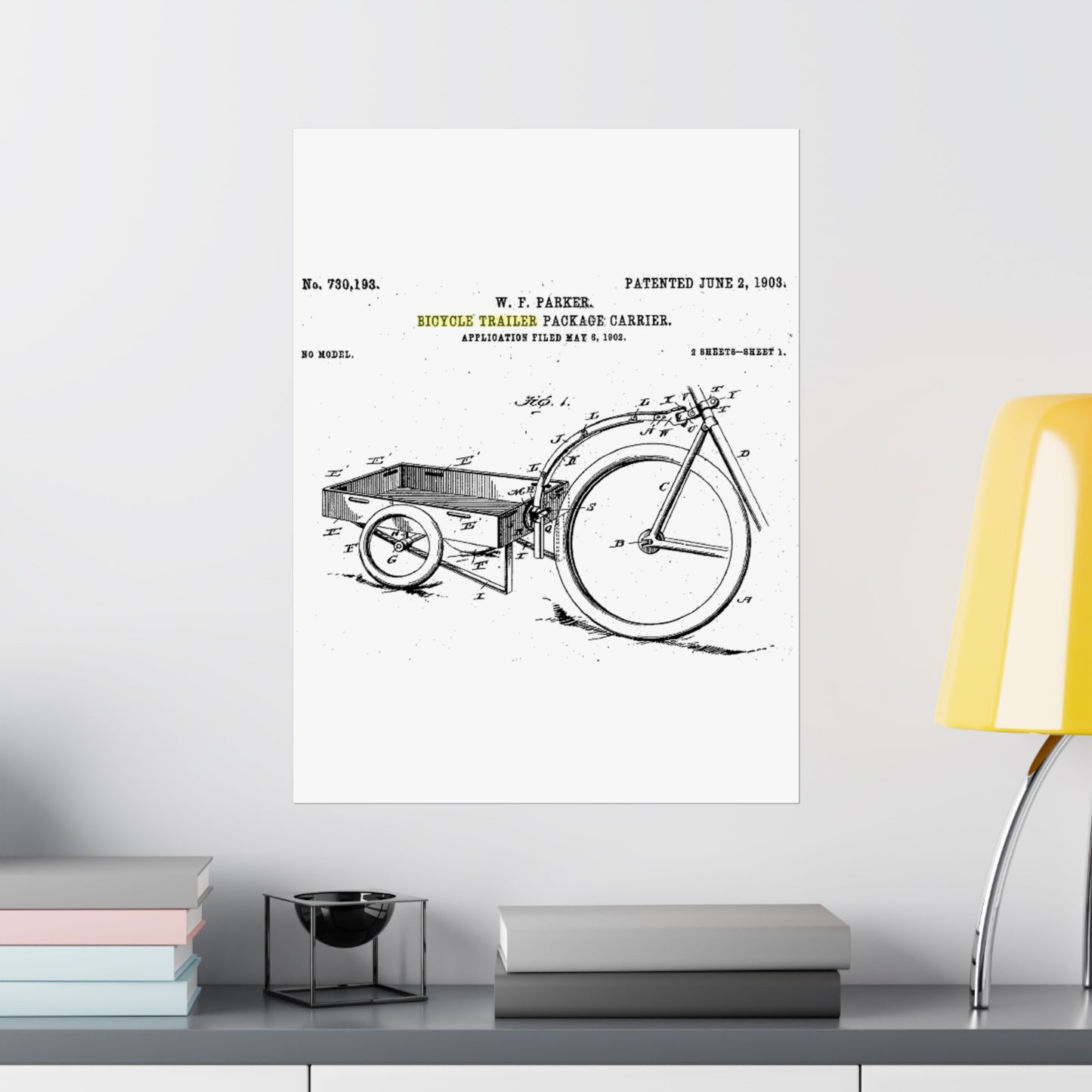 Patent Drawing of Engine - Bicycle Trailer Patent (1903) Public domain  image High Quality Matte Wall Art Poster for Home, Office, Classroom