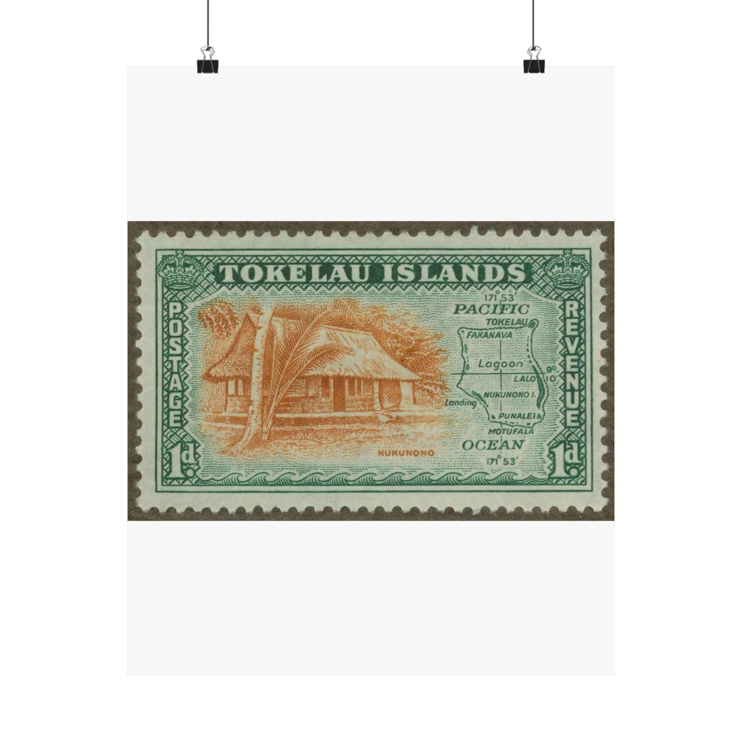 Frimärke ur Gösta Bodmans filatelistiska motivsamling, påbörjad 1950.Frimärke från  Tokelau-öarna, 1948. Motiv av hydda från ön Nokonono samt karta över Tokelau-öarna. High Quality Matte Wall Art Poster for Home, Office, Classroom