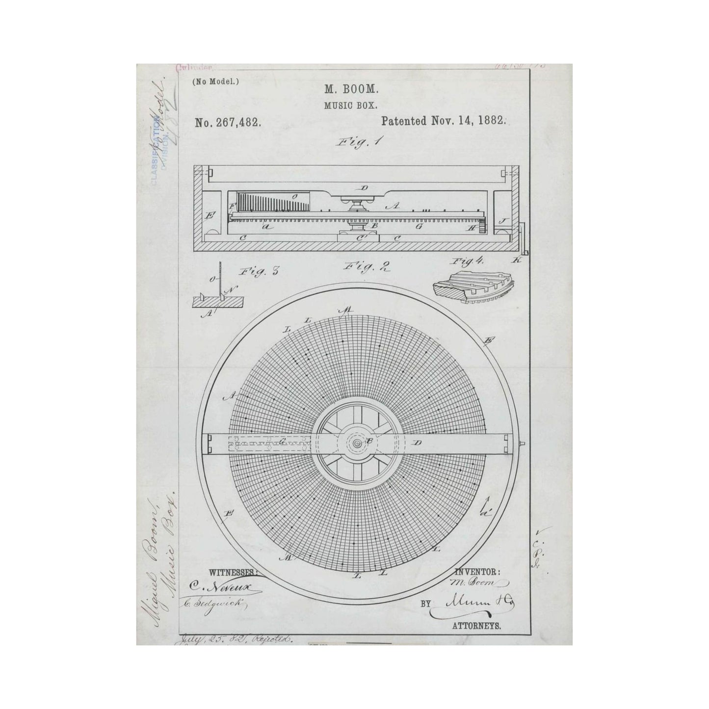 Patent Drawing of Engine - for M. Boom's Music Box Public domain  image High Quality Matte Wall Art Poster for Home, Office, Classroom