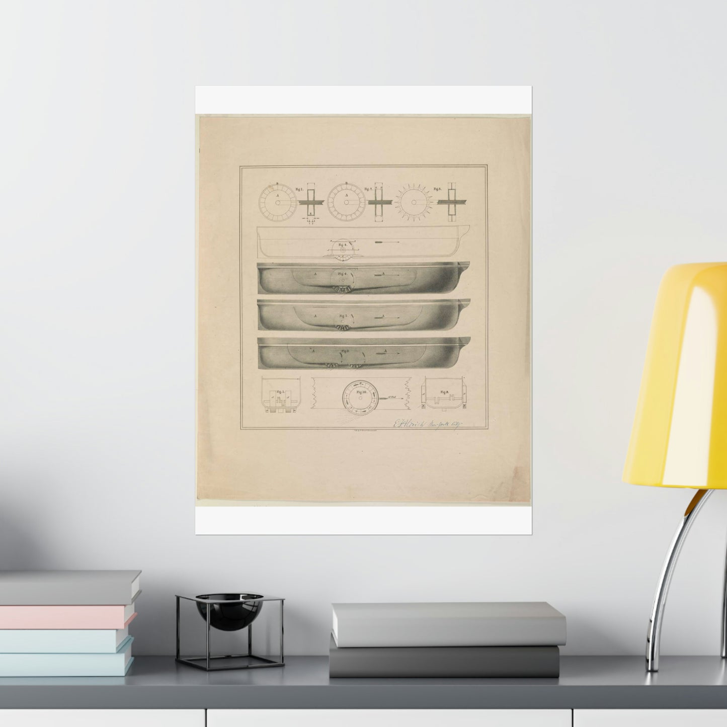 Patent Drawing of Engine - [Design drawings for paddle wheel steamer] / lith. by N. Currier, 2 Spruce St. N.Y. Public domain  image High Quality Matte Wall Art Poster for Home, Office, Classroom