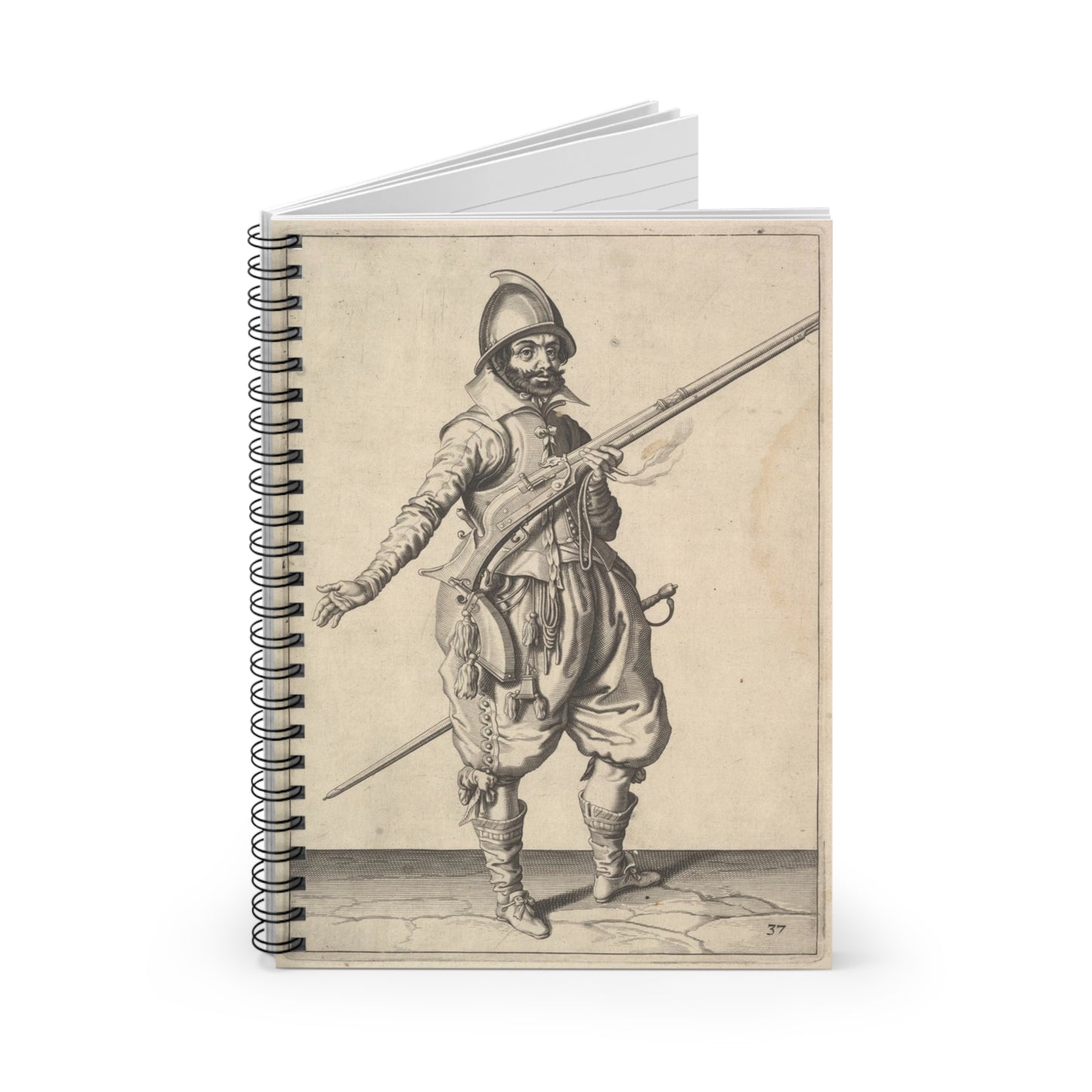 A soldier on guard freeing his right hand, from the Marksmen series, plate 37, in Wapenhandelinghe van Roers Musquetten Ende Spiessen (The Exercise of Arms) Spiral Bound Ruled Notebook with Printed Cover