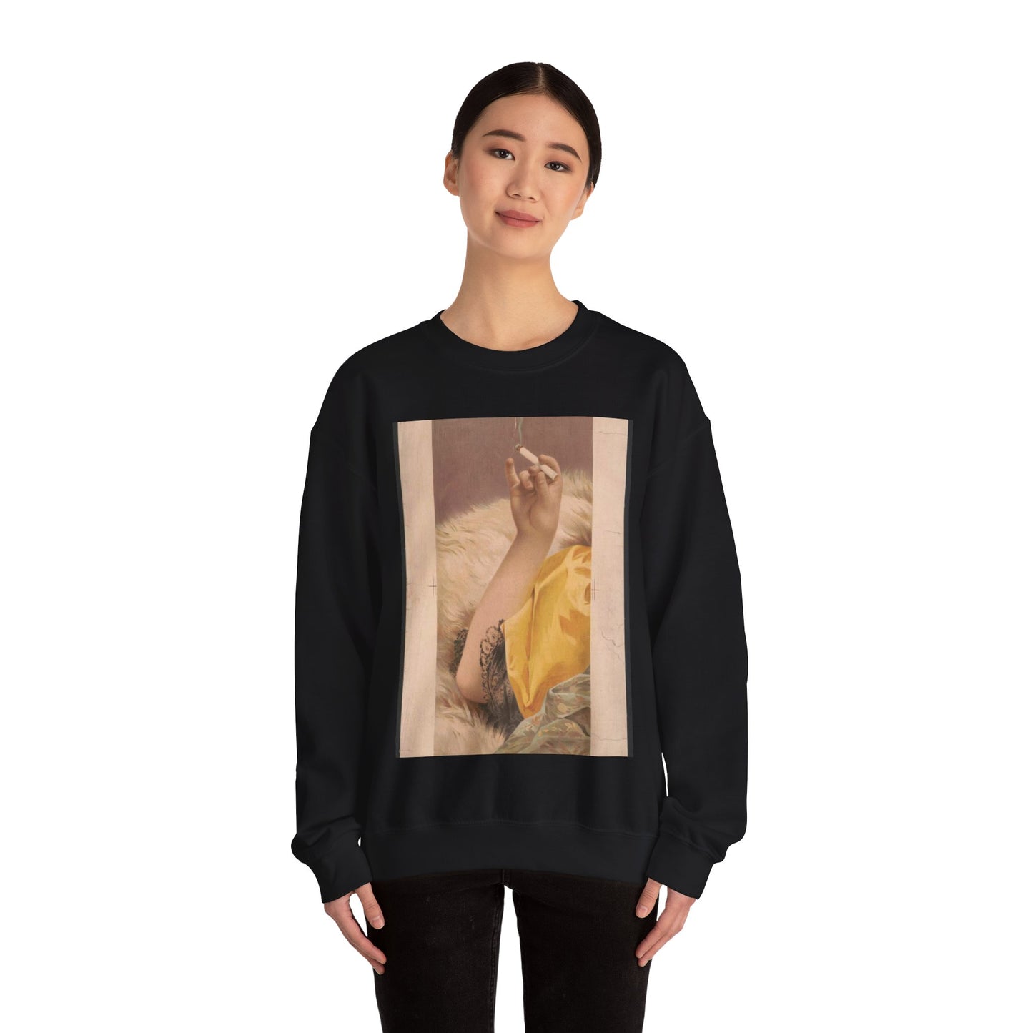 Arm of woman holding a lit cigarette Black Heavy Blend Adult Crew Neck SweatShirt