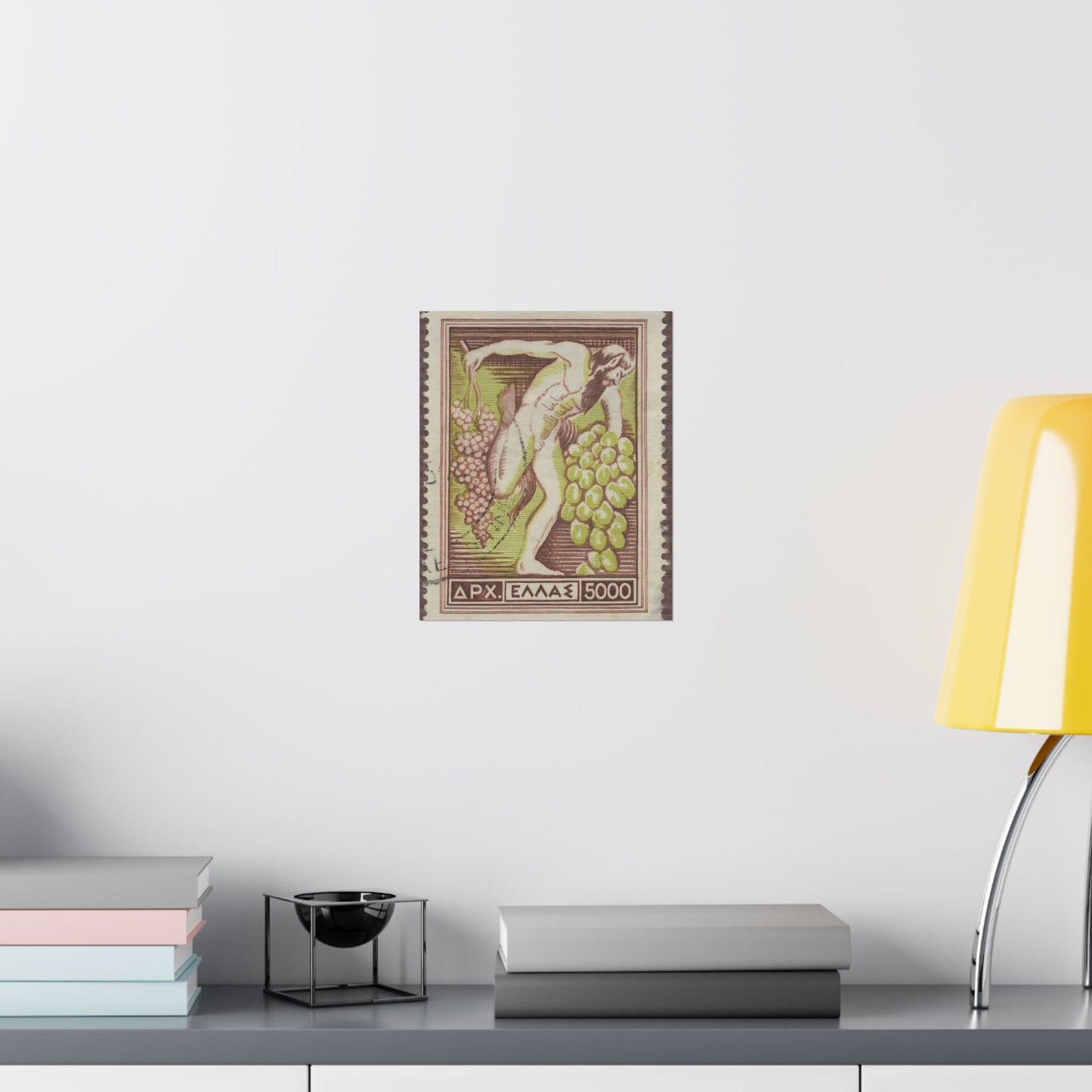 Frimärke ur Gösta Bodmans filatelistiska motivsamling, påbörjad 1950.Frimärke från Grekland, 1953. Motiv av Bacchus med vindruvsklasar. High Quality Matte Wall Art Poster for Home, Office, Classroom