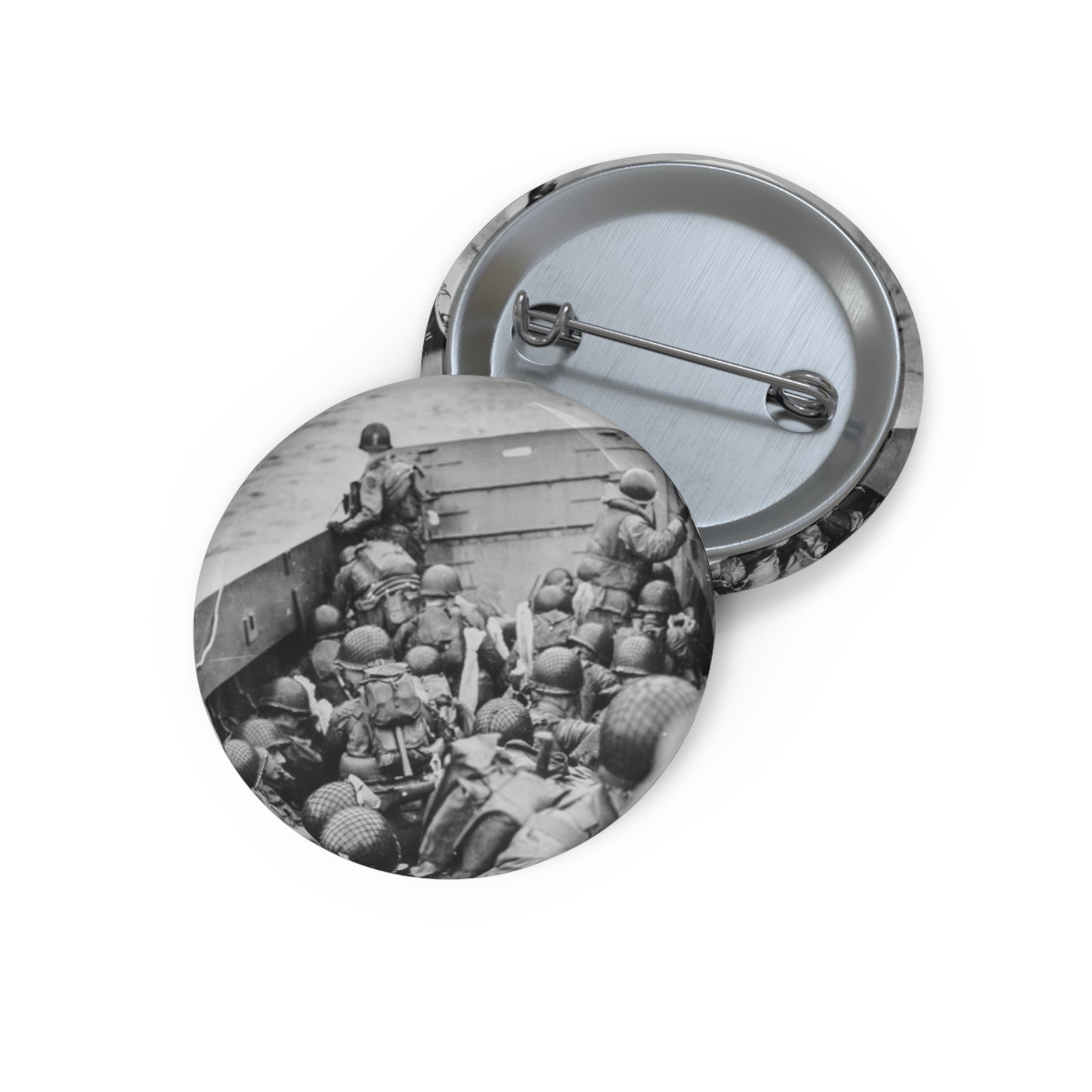 Photograph of Soldiers Crouching Behind the Bulwarks of a Coast Guard Landing Barge Pin Buttons with Crisp Design