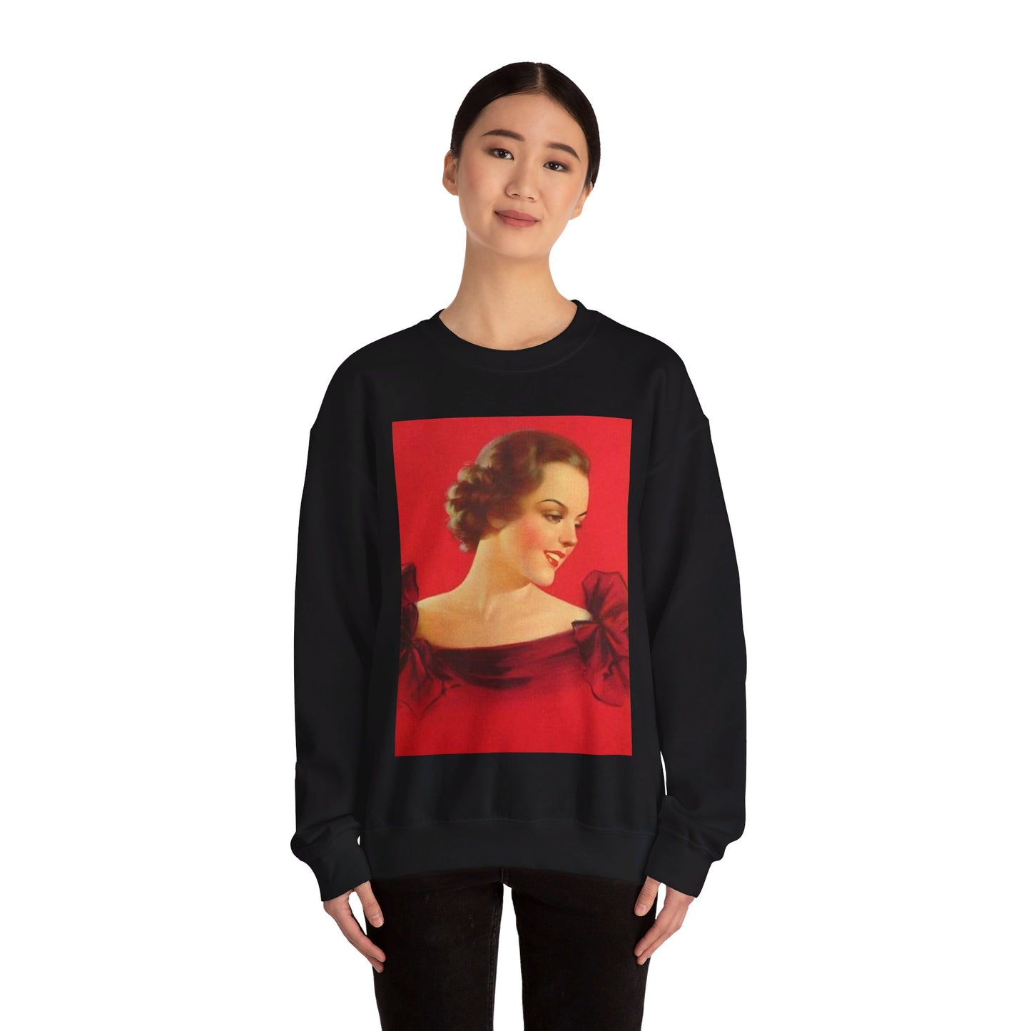 Brunette girl head, red background, painting by Edward Mason Eggleston Black Heavy Blend Adult Crew Neck SweatShirt