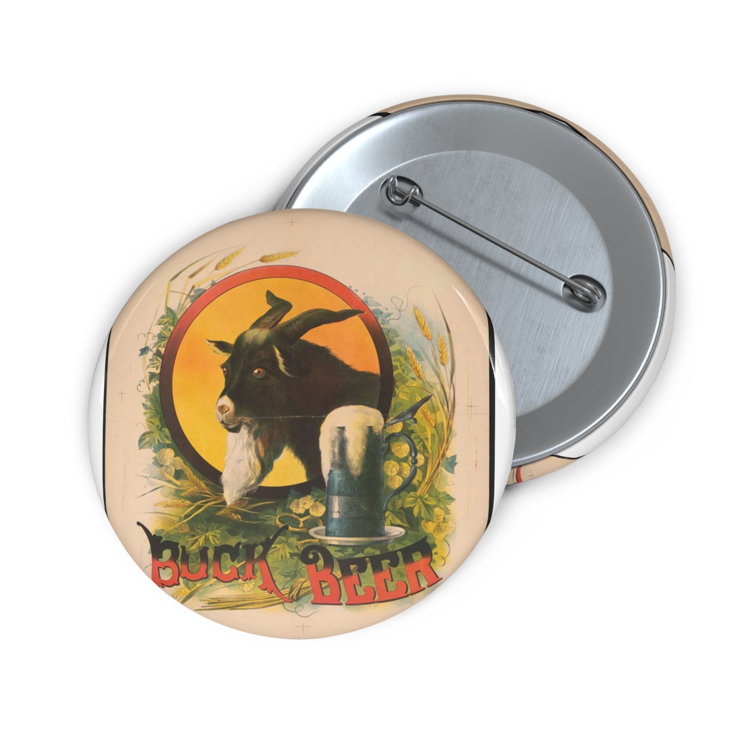 Bock Beer, the head of a goat inside an oval, with a stein of beer sitting on a bed of hops, underneath the oval Pin Buttons with Crisp Design