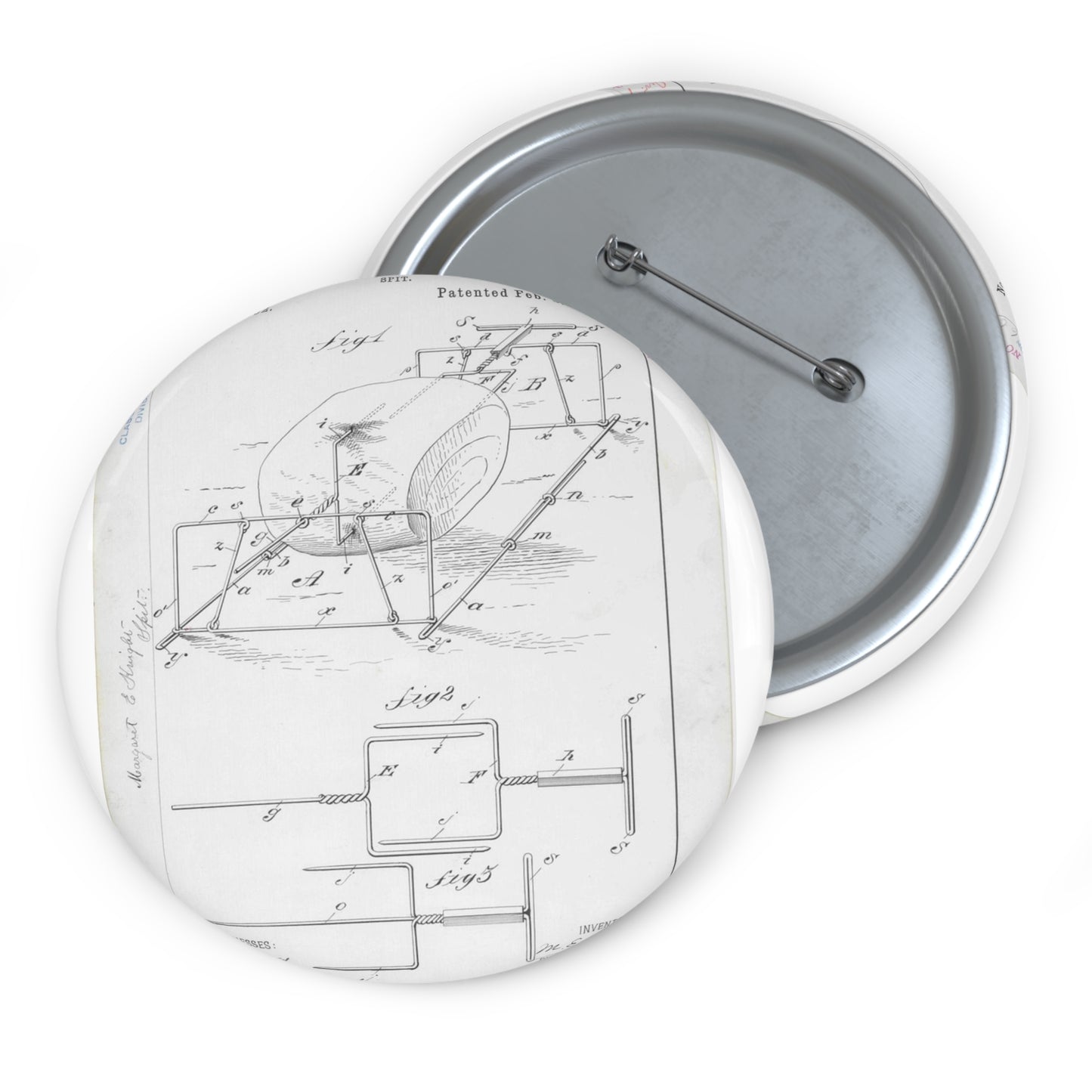 Patent drawing - for M. E. Knight's Spit Public domain  image Pin Buttons with Crisp Design