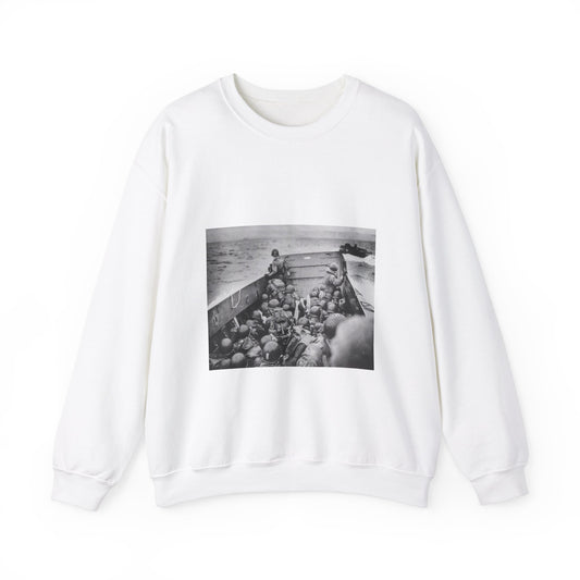 Photograph of Soldiers Crouching Behind the Bulwarks of a Coast Guard Landing Barge White Heavy Blend Adult Crew Neck SweatShirt