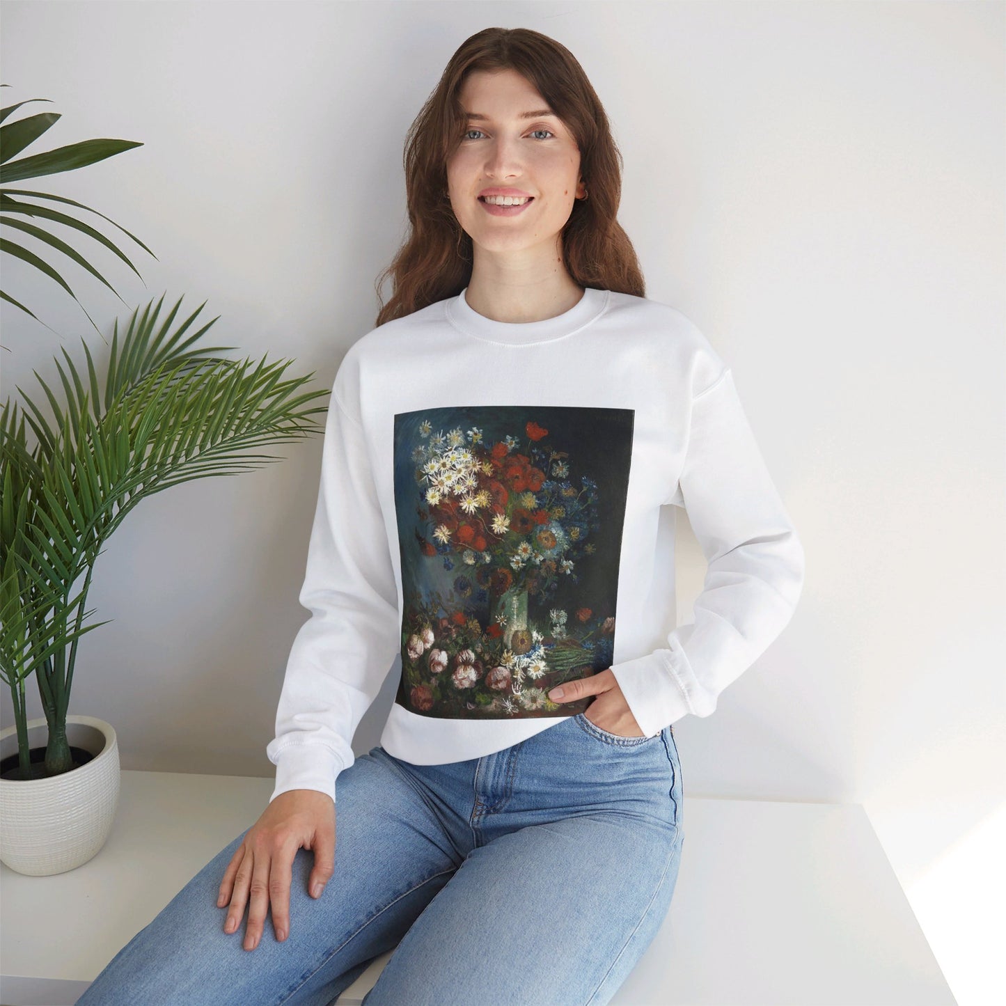 Still life with meadow flowers and roses Van Gogh 1886 White Heavy Blend Adult Crew Neck SweatShirt