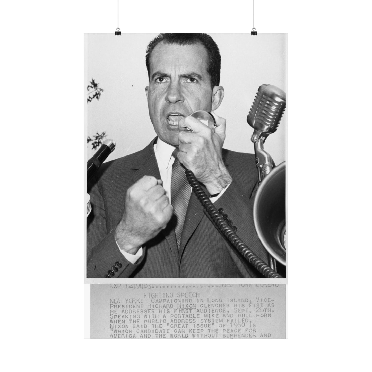 Richard Nixon clinches his fist as he addresses his first audience in Long Island, New York High Quality Matte Wall Art Poster for Home, Office, Classroom