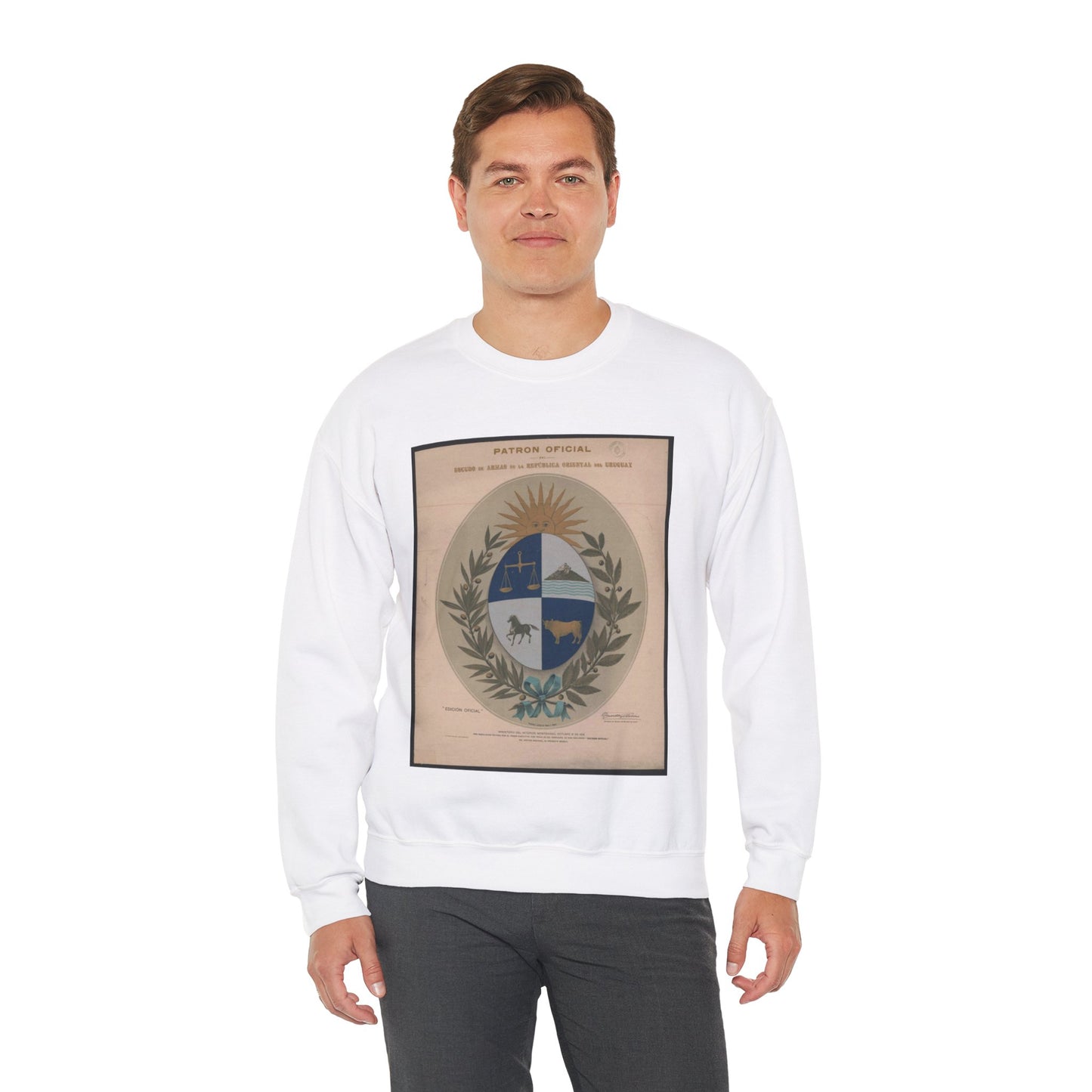 Patron oficial del escudo de armas de la Republica Oriental del Uruguay White Heavy Blend Adult Crew Neck SweatShirt