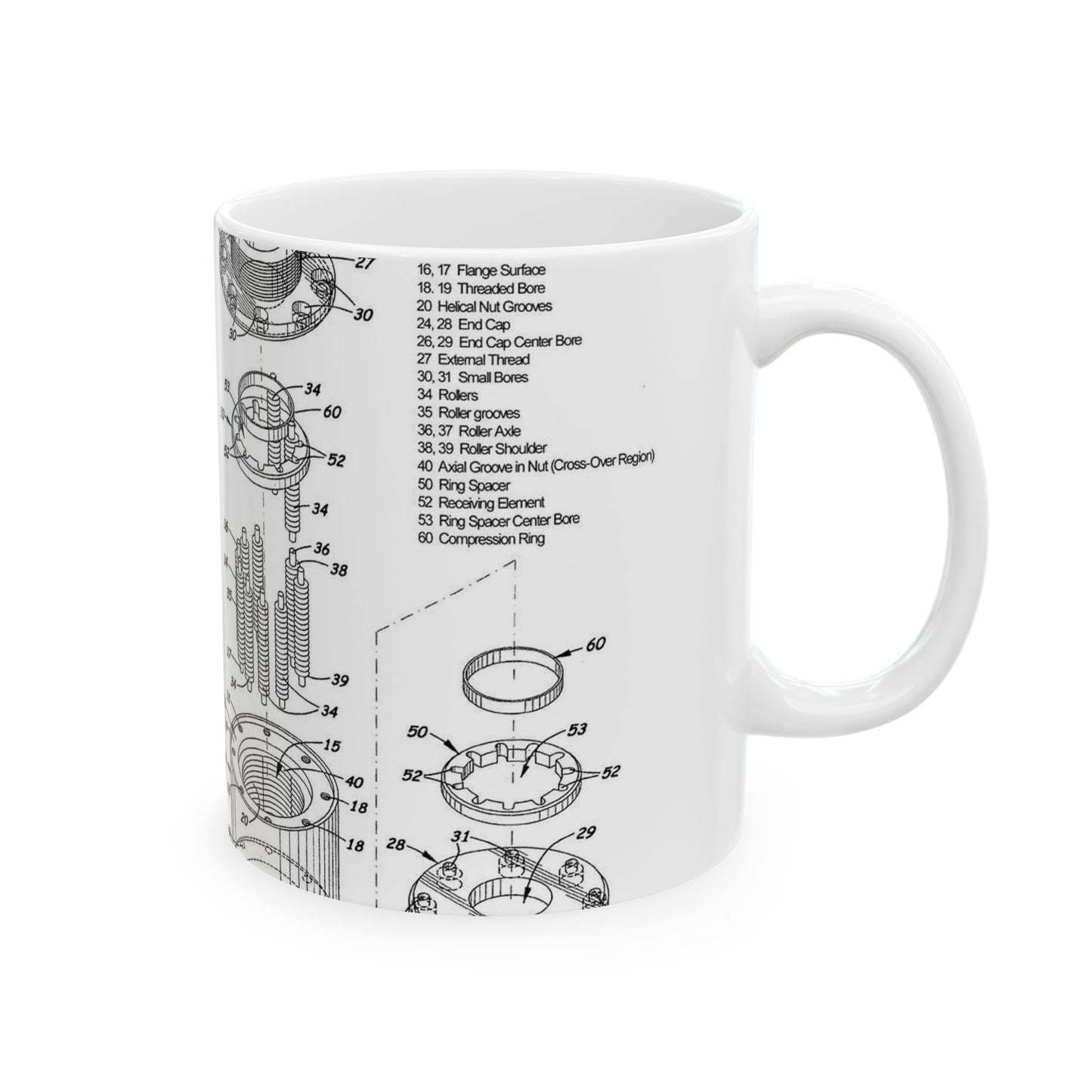 Patent drawing - Cage-less Recirculating Roller Screw Public domain  image Beautiful Novelty Ceramic Coffee Mug 11oz