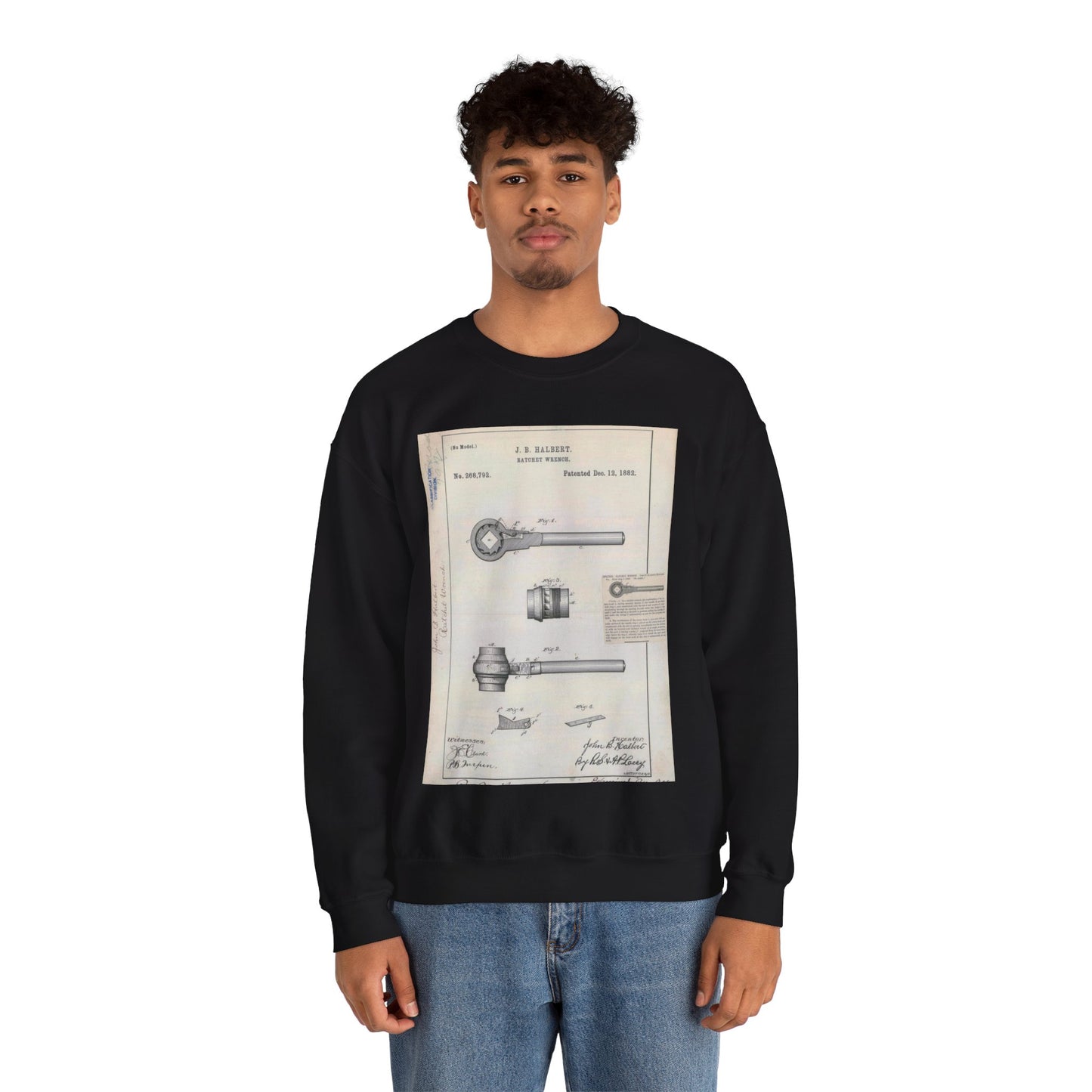 Patent Drawing of Engine - for J. B. Halbert's Ratchet Wrench Public domain  image Black Heavy Blend Adult Crew Neck SweatShirt