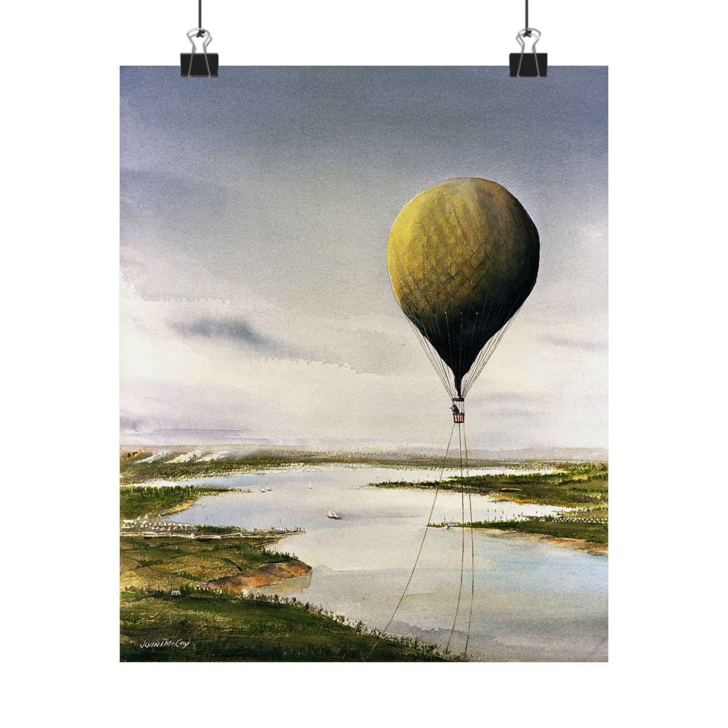 Artwork: "T.S.C. Lowe's Ballon Tethered at 1,000 Feet Above the York River in 1862". Artist: John McCoy High Quality Matte Wall Art Poster for Home, Office, Classroom