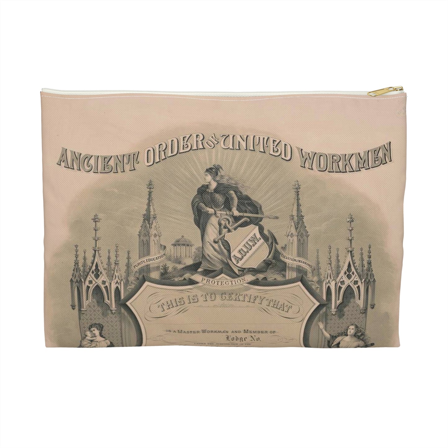 Ancient order of United Workmen, purity, education, elevation of mankind Large Organizer Pouch with Black Zipper