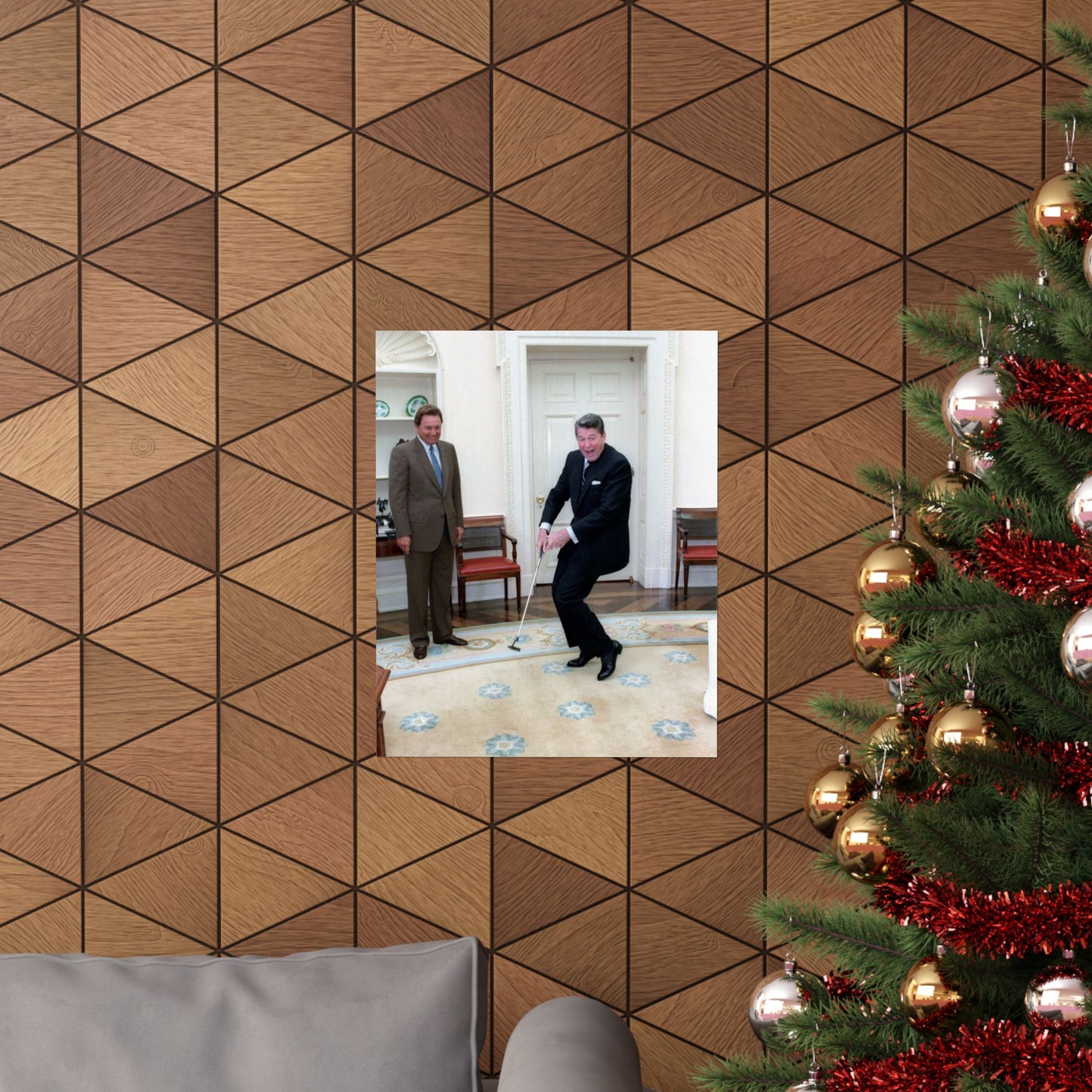 President Ronald Reagan Putting a Golf Ball with Raymond Floyd Looking on in the Oval Office High Quality Matte Wall Art Poster for Home, Office, Classroom