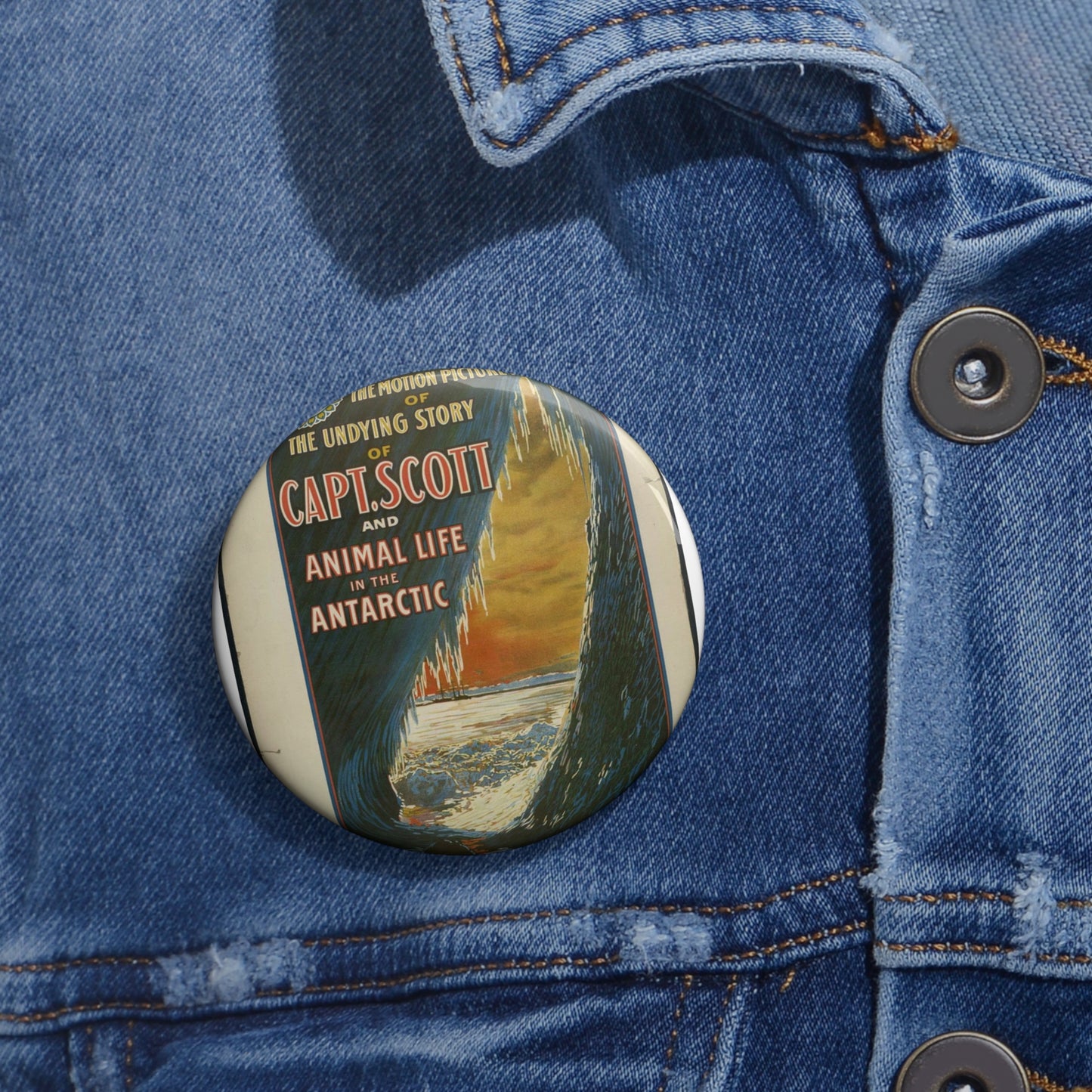 The Gaumont Co. L'T'D. London presents the motion picture records of the undying story of Capt. Scott and animal life in the Antarctic / The Morgan Lith. Co., Cleveland, O. Pin Buttons with Crisp Design