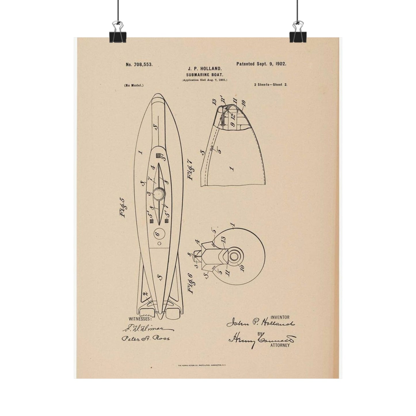 Patent drawing - Drawing for a Submarine Boat Public domain  image High Quality Matte Wall Art Poster for Home, Office, Classroom