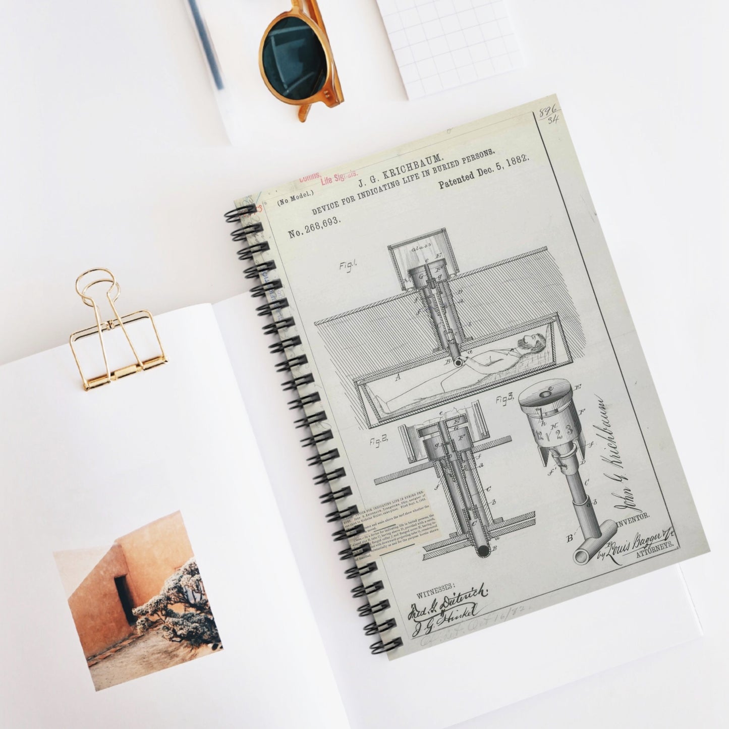 Patent drawing - for J. G. Krichbaum's Device for Indicating Life in Buried Persons Public domain  image Spiral Bound Ruled Notebook with Printed Cover