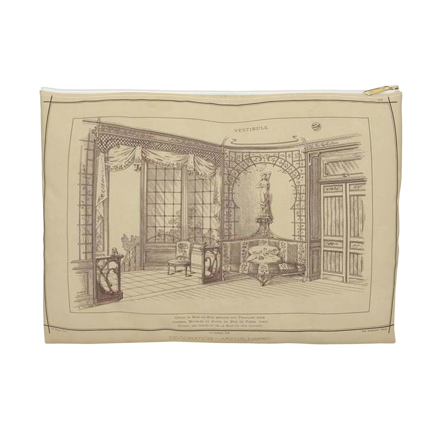 Vestibule : décor de baie en bois découpé sur treillage doré. Lambris, meubles et porte en bois de frêne verni. Etoffe des sièges et de la baie en soie brochée. Large Organizer Pouch with Black Zipper