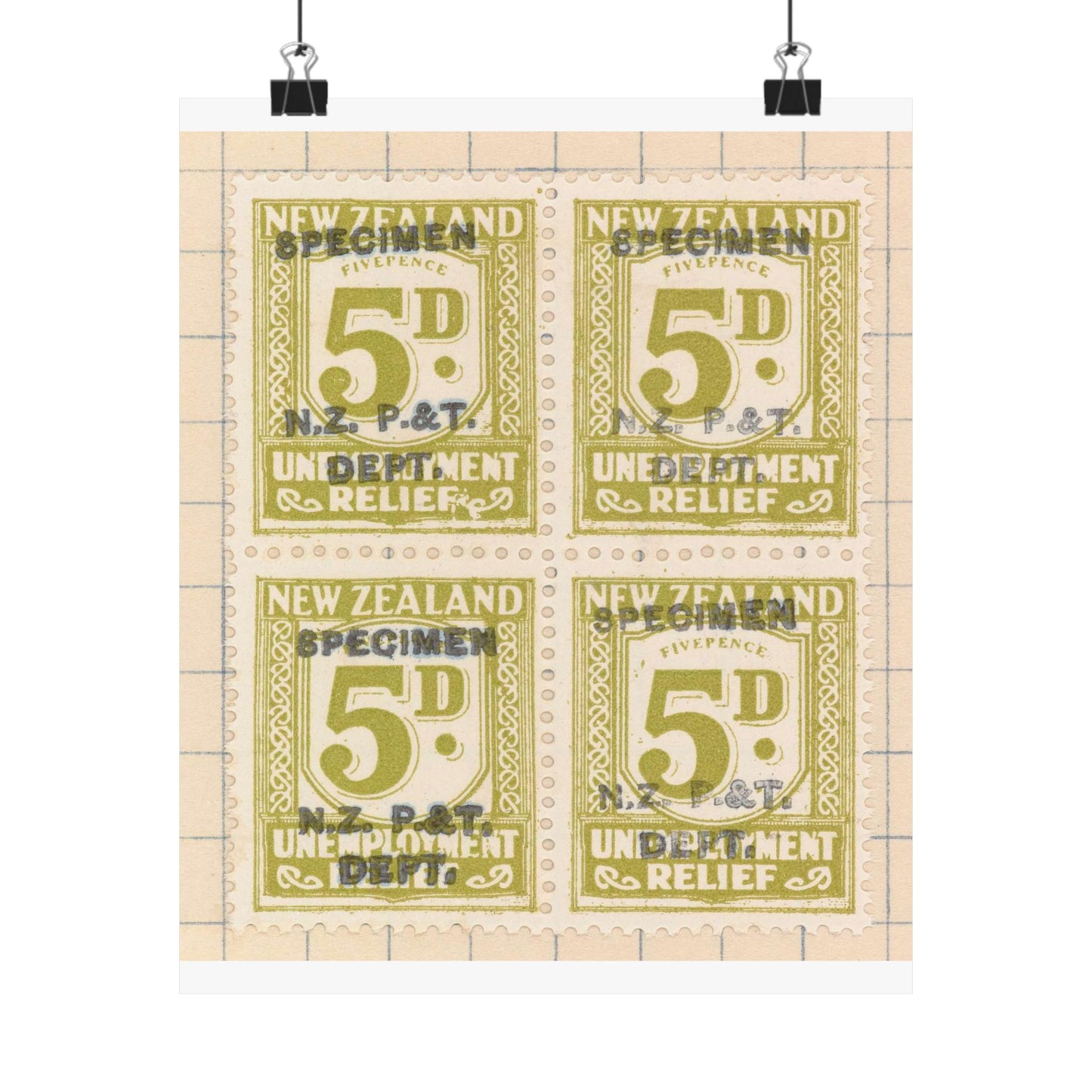 Block of five penny Unemployment Relief stamps overprinted 'Specimen' High Quality Matte Wall Art Poster for Home, Office, Classroom