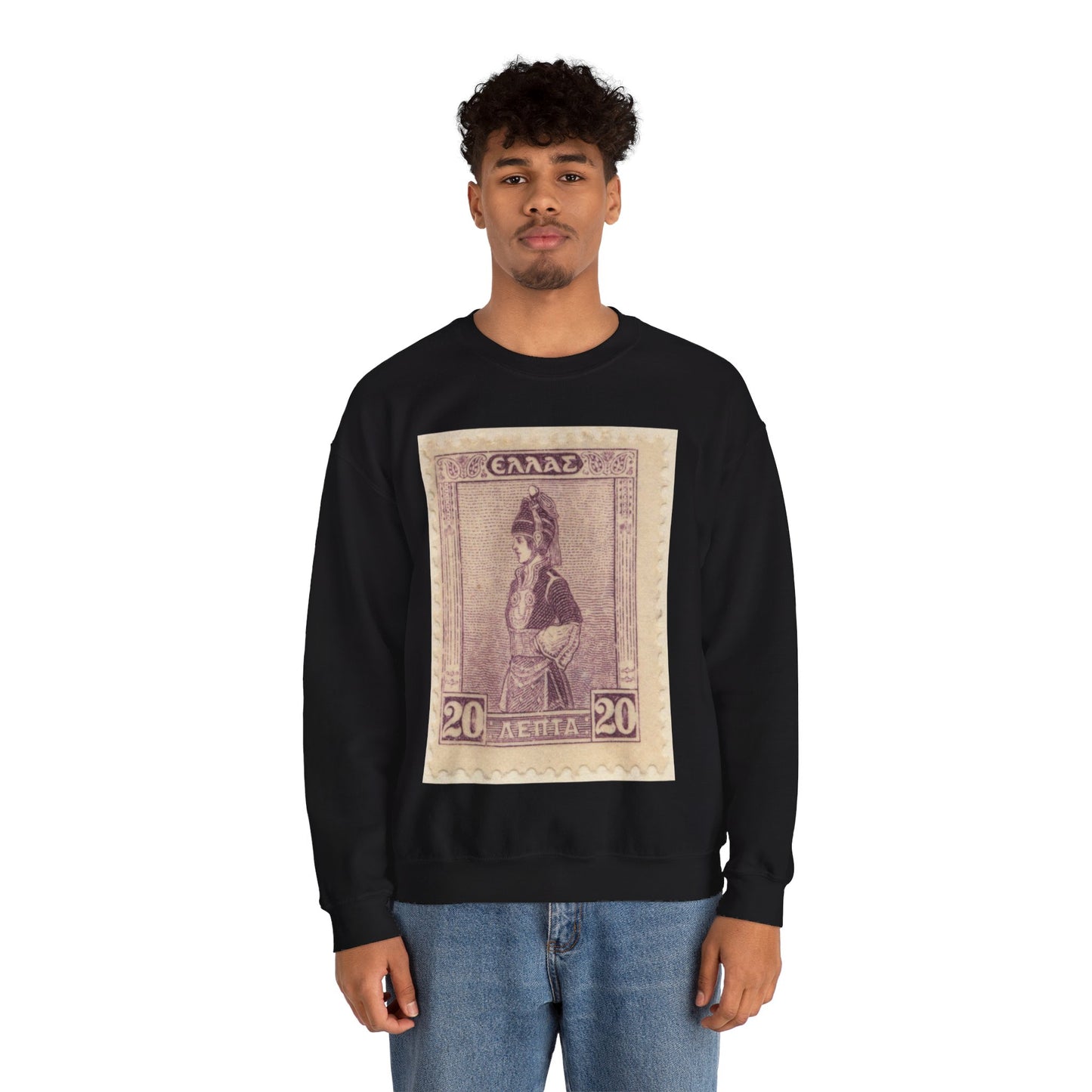 Frimärke ur Gösta Bodmans filatelistiska motivsamling, påbörjad 1950.Frimärke från GRekland, 1927. Motiv av Mecedonisk dräkt. Black Heavy Blend Adult Crew Neck SweatShirt