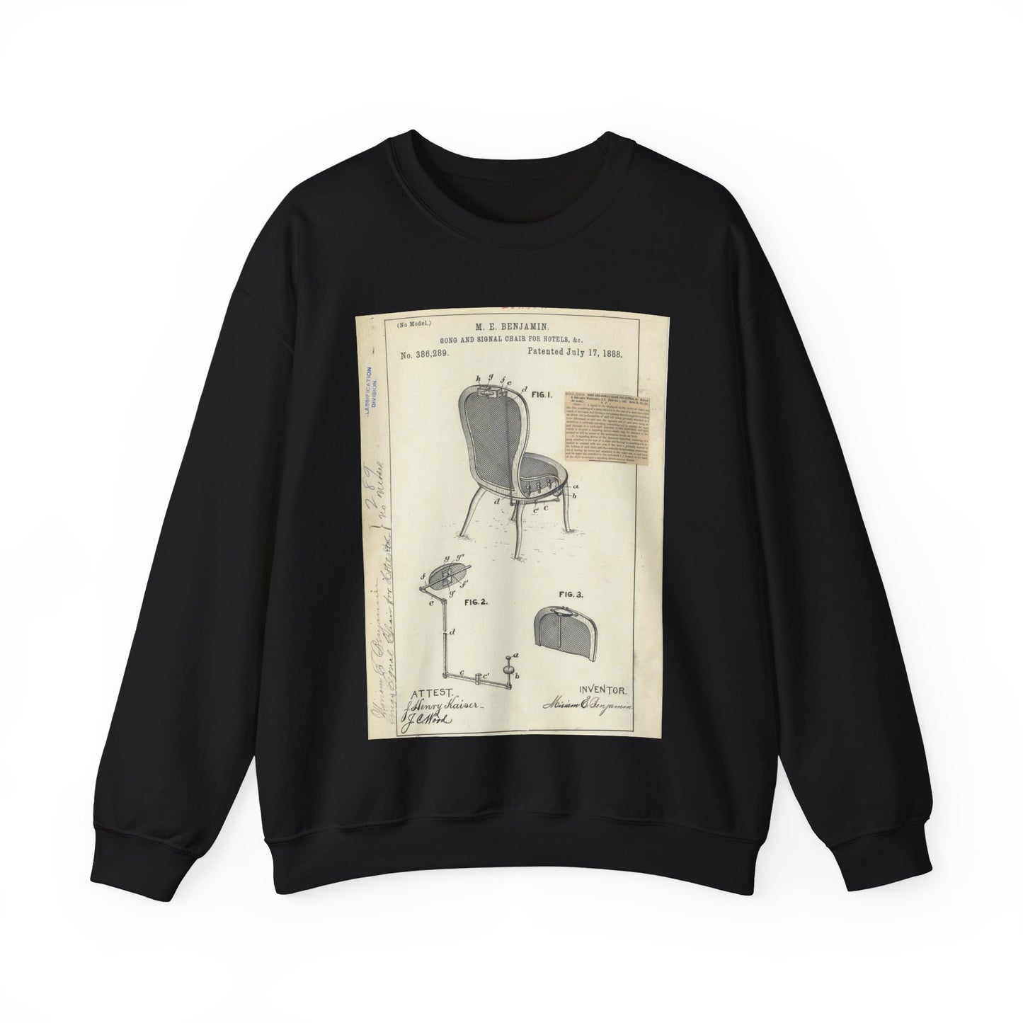 Patent drawing - for M. E. Benjamin's Gong and Signal Chair for Hotels Public domain  image Black Heavy Blend Adult Crew Neck SweatShirt