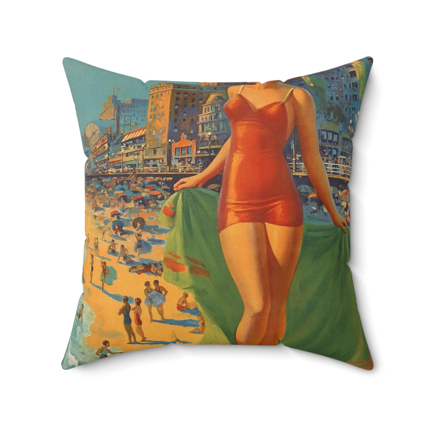 Atlantic City— America’s All-Year Resort, Pennsylvania Railroad, painting by Edward Mason Eggleston Decorative Accent Square Pillow