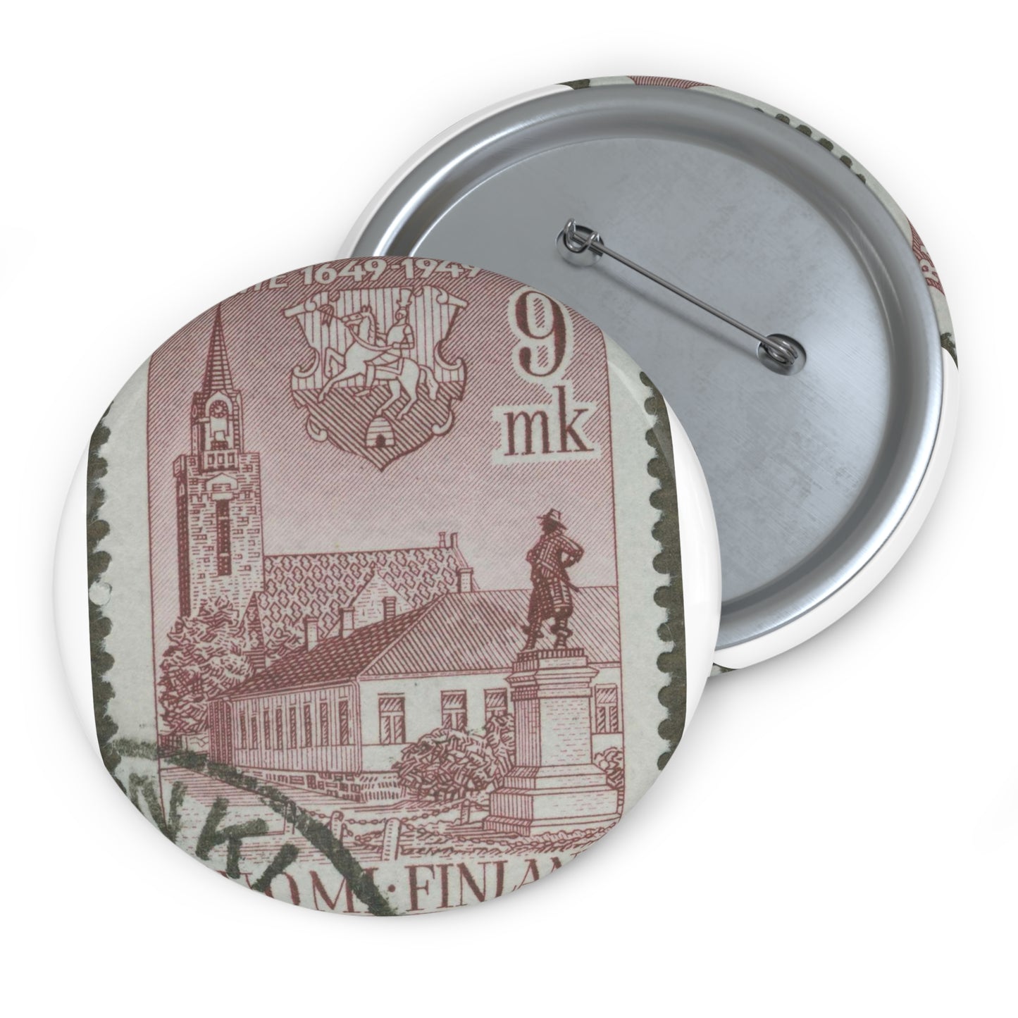 Frimärke ur Gösta Bodmans filatelistiska motivsamling, påbörjad 1950.Frimärke från Finland, 1949. Motiv av Brahestads Kyrka. "Brahestad 300 år: 1649-1949". Pin Buttons with Crisp Design