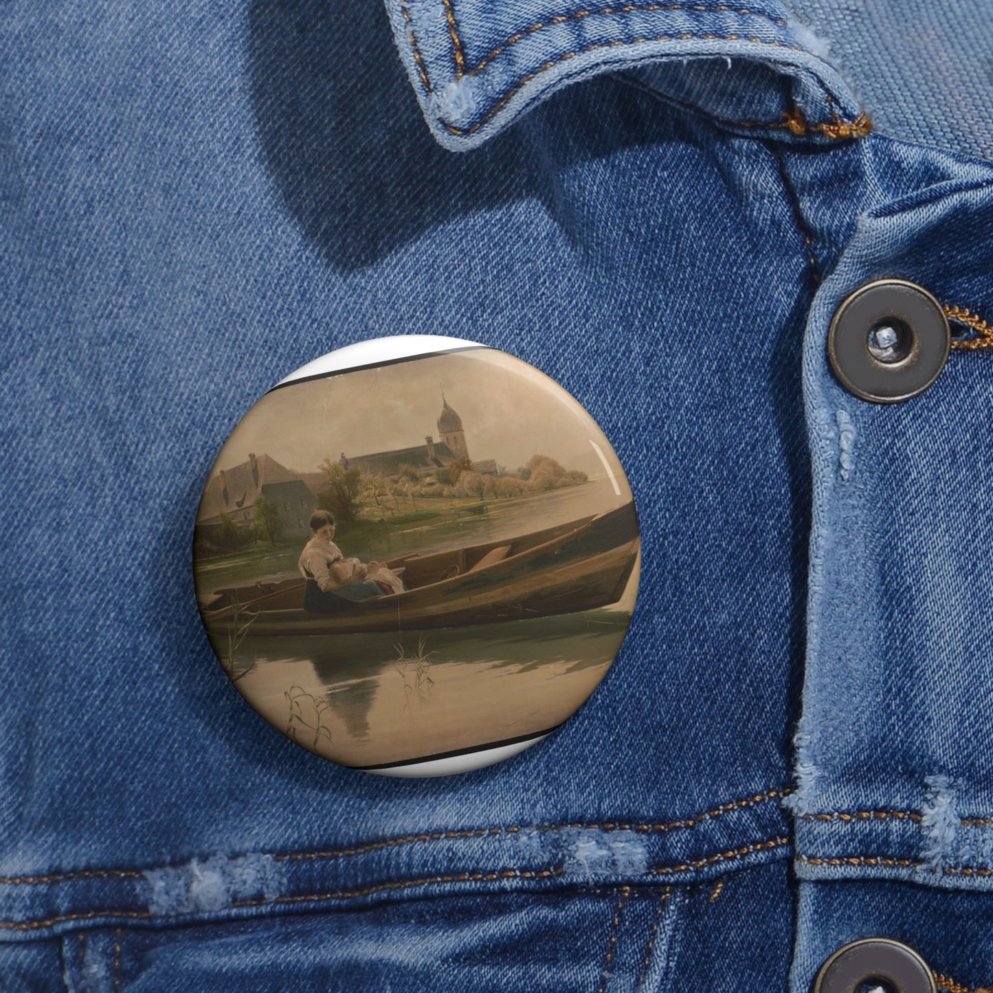 Woman holding infant in rowboat Pin Buttons with Crisp Design