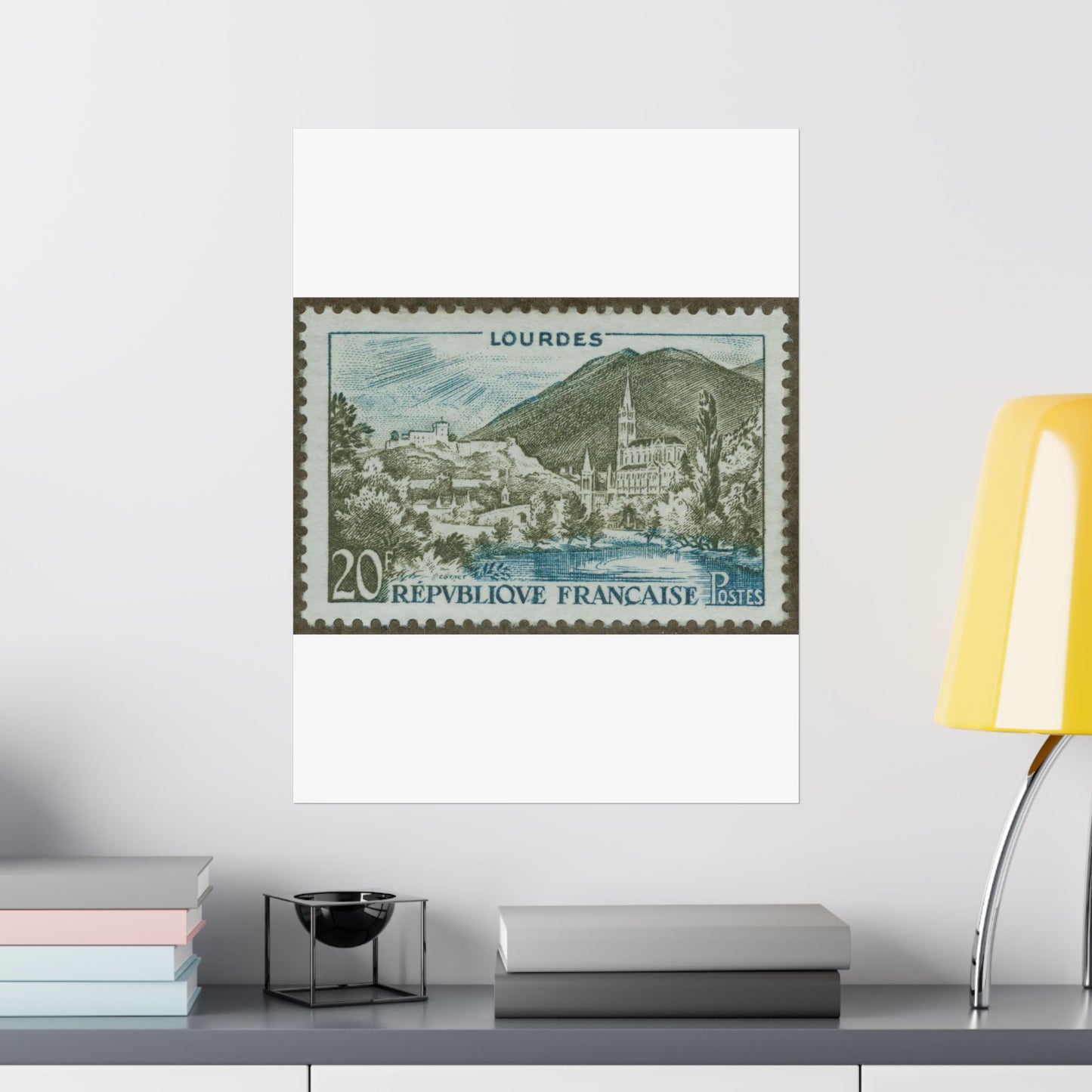 Frimärke ur Gösta Bodmans filatelistiska motivsamling, påbörjad 1950.Frimärke från Frankrike, 1954. Motiv av kyrkan vid Lourdes. "Undergörande vatten". High Quality Matte Wall Art Poster for Home, Office, Classroom