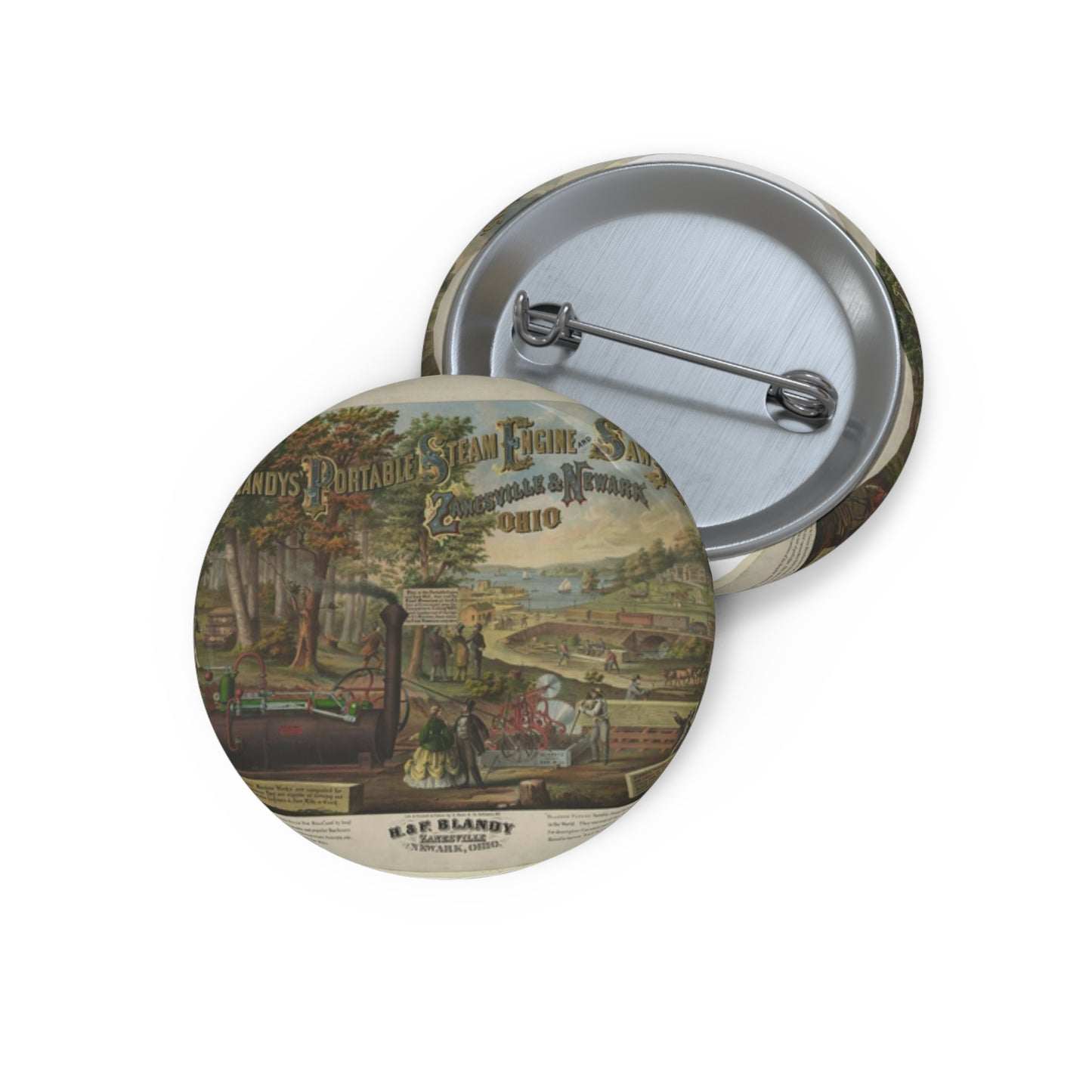 Blandy's portable steam engine and saw mills, Zanesville & Newark  Ohio Pin Buttons with Crisp Design