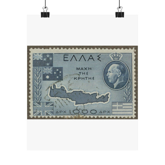 Frimärke ur Gösta Bodmans filatelistiska motivsamling, påbörjad 1950.Frimärke från Grekland, 1950. Motiv av karta över Kreta. "9-årsminne av slaget vid Kreta 1941". High Quality Matte Wall Art Poster for Home, Office, Classroom