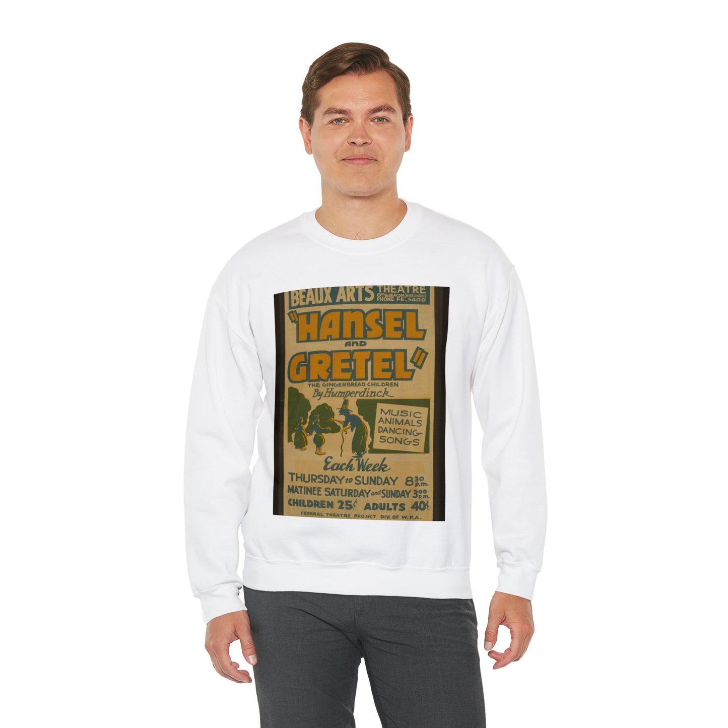 "Hansel and Gretel," the gingerbread children by Humperdinck Music, animals, dancing, songs. White Heavy Blend Adult Crew Neck SweatShirt