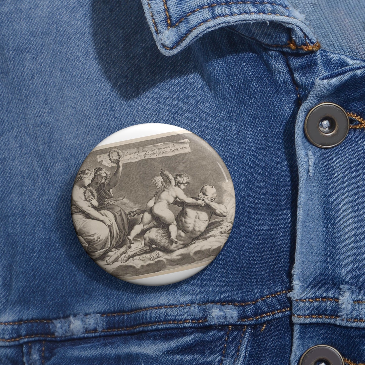 Cupid wrestling with Pan, amongst the clouds, with two allegorical women seated at left Pin Buttons with Crisp Design