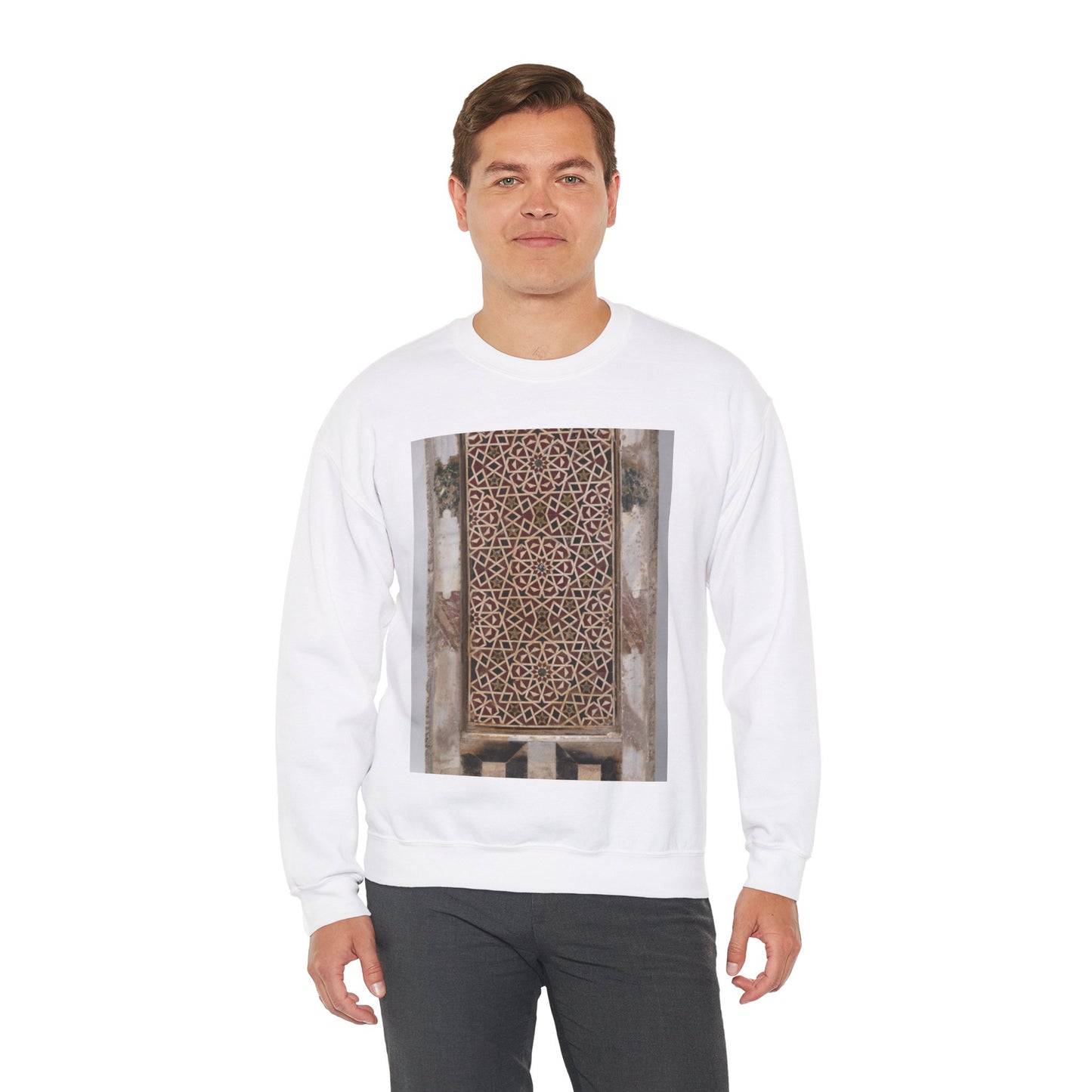 Wall Panel with Geometric Interlace White Heavy Blend Adult Crew Neck SweatShirt