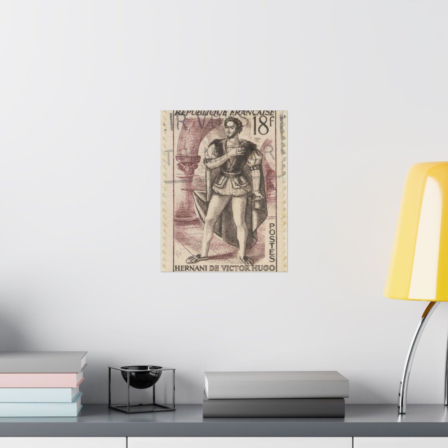 Frimärke ur Gösta Bodmans filatelistiska motivsamling, påbörjad 1950.Frimärke från FRanskrike, 1953. Motiv av "Herani": skådespel av Victor Hugo. High Quality Matte Wall Art Poster for Home, Office, Classroom