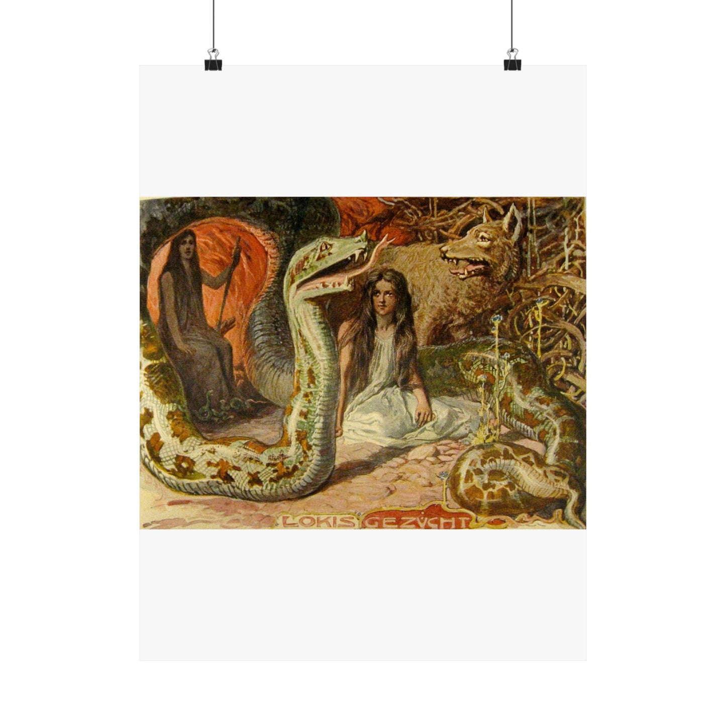 Lokis Gezücht - A painting of a woman sitting in front of a snake High Quality Matte Wall Art Poster for Home, Office, Classroom