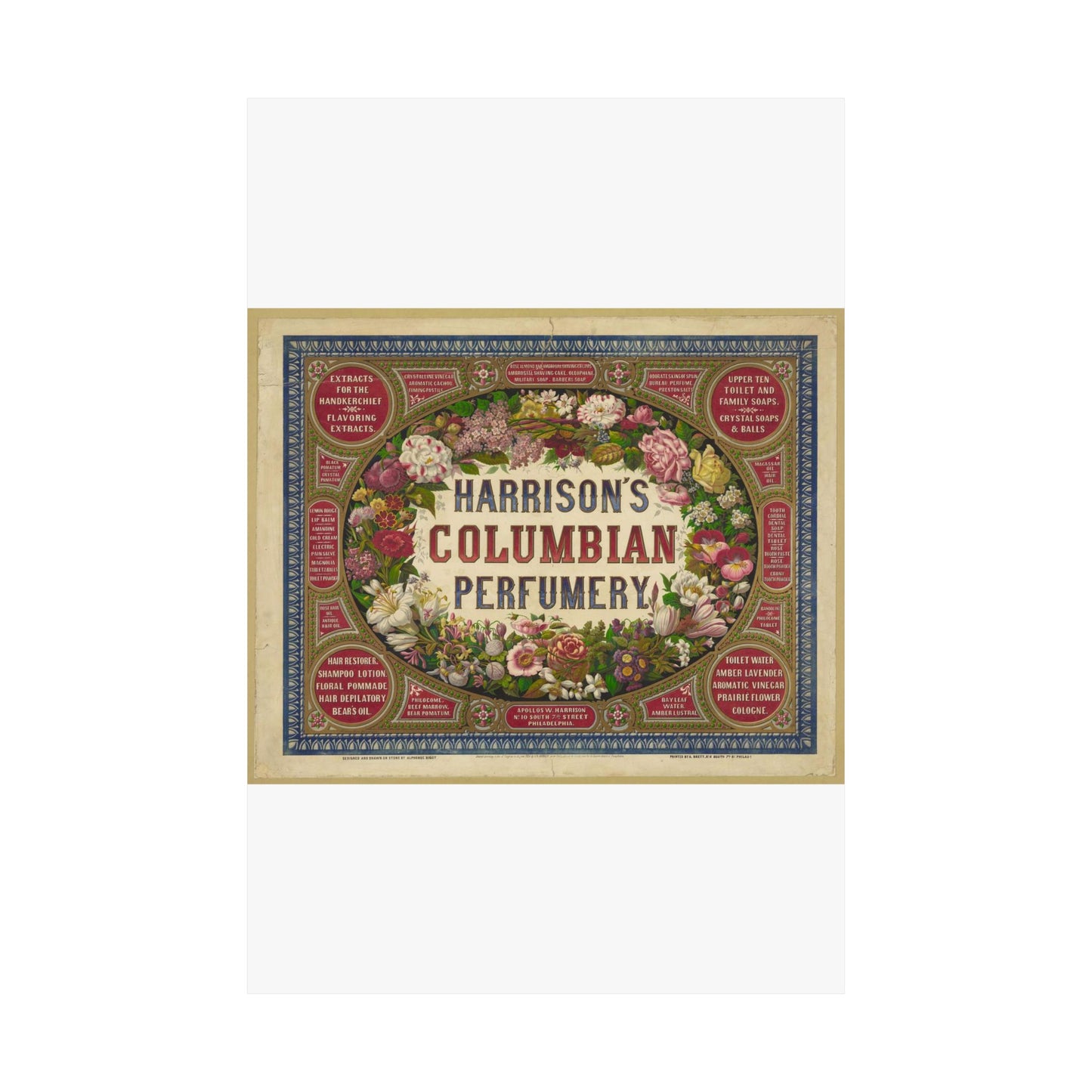 Harrison's Columbian perfumery / Designed and drawn on stone by Alphonse Bigot. High Quality Matte Wall Art Poster for Home, Office, Classroom