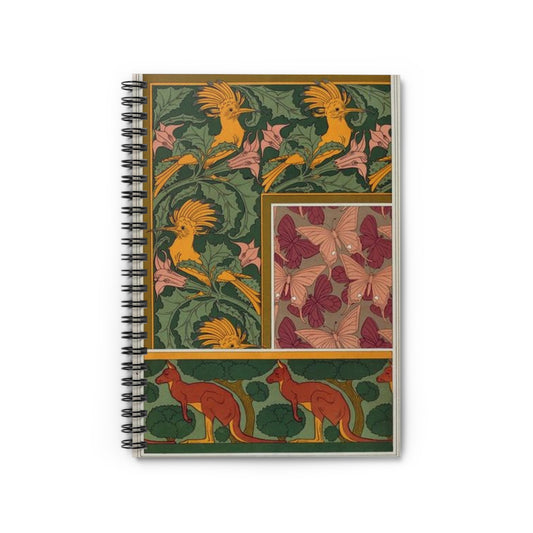 Huppes et stramoine, bordure. Papillons, étoffe de soie. Kangourou et arbres, bordure. Spiral Bound Ruled Notebook with Printed Cover