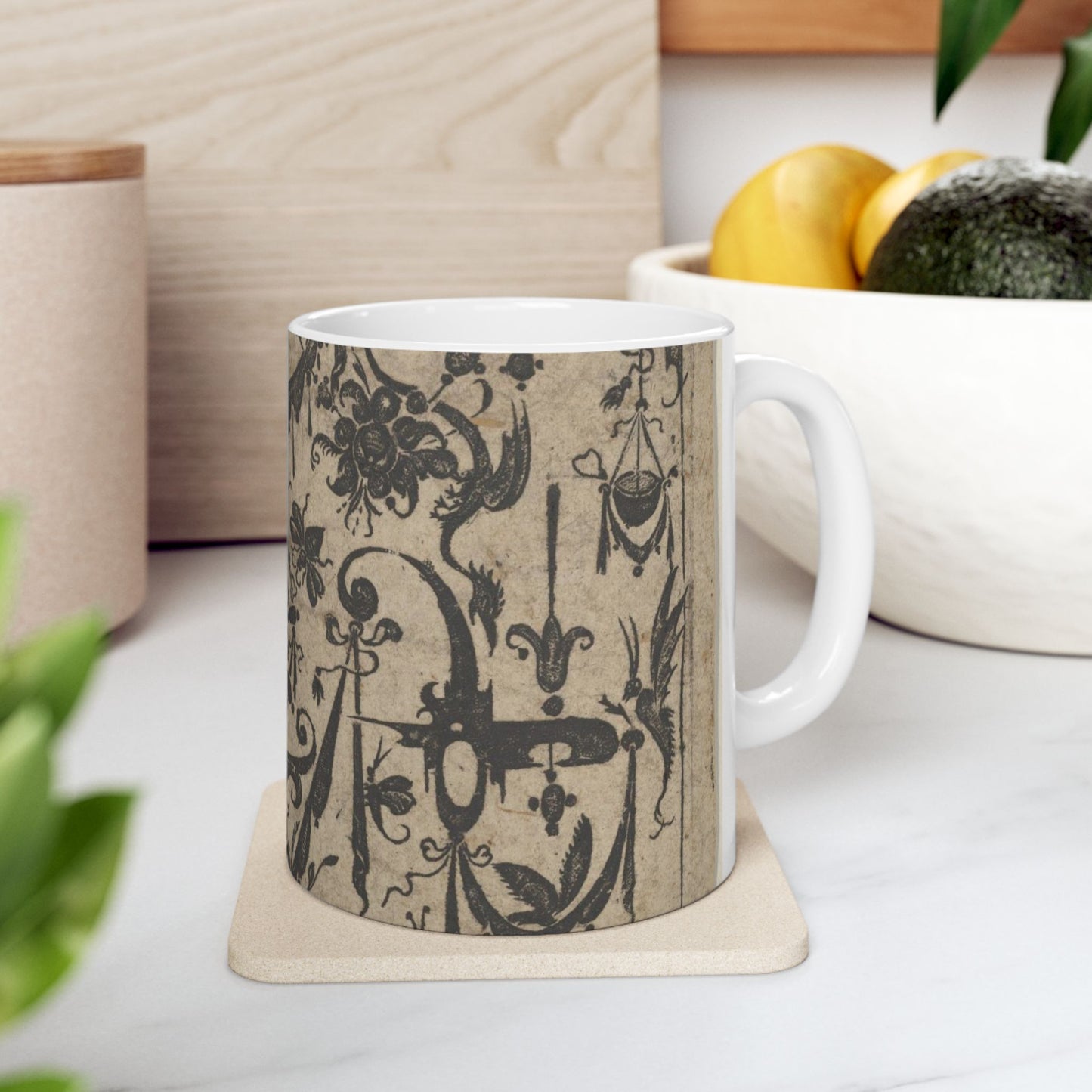 Blackwork Print with a Trophy at Center Surrounded by Grotesques and Swag Drapery Beautiful Novelty Ceramic Coffee Mug 11oz