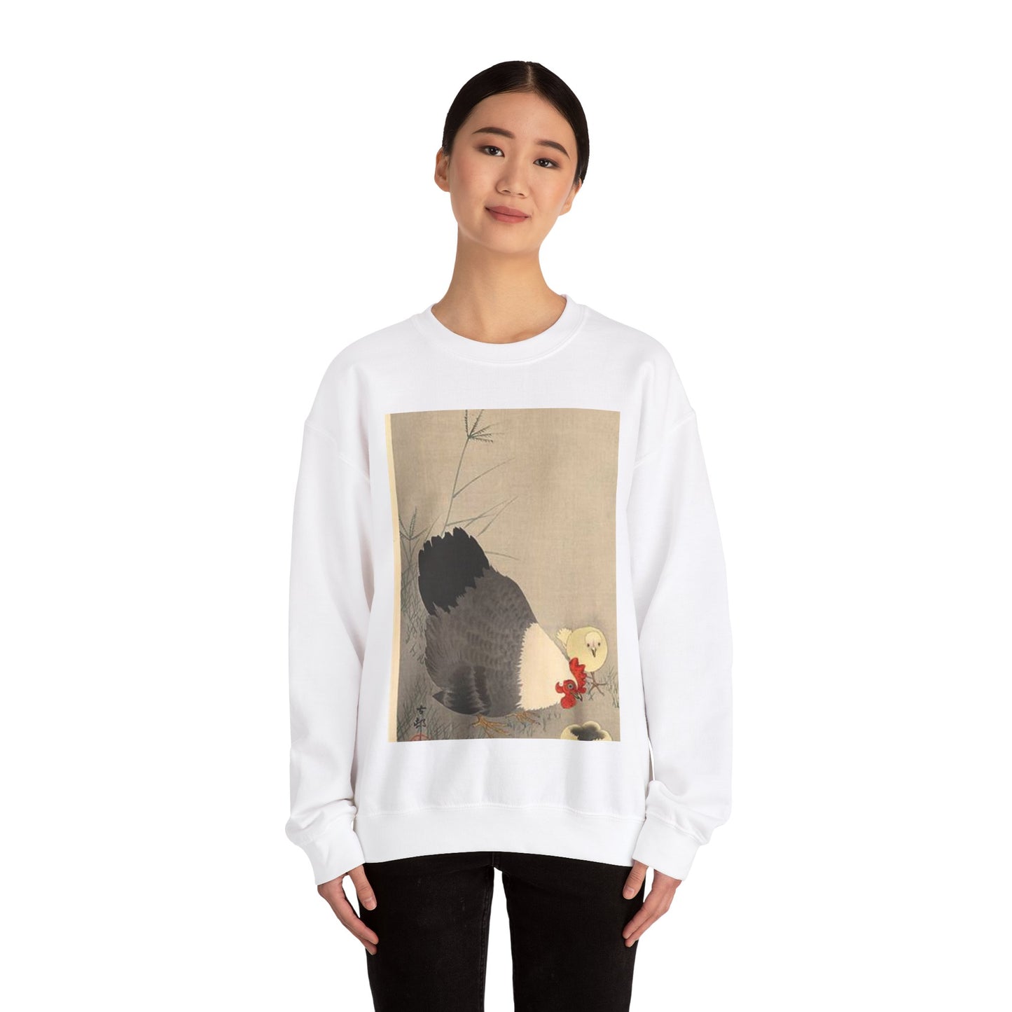 Koson - hen-and-two-chicks-in-grass, Ohara Koson White Heavy Blend Adult Crew Neck SweatShirt