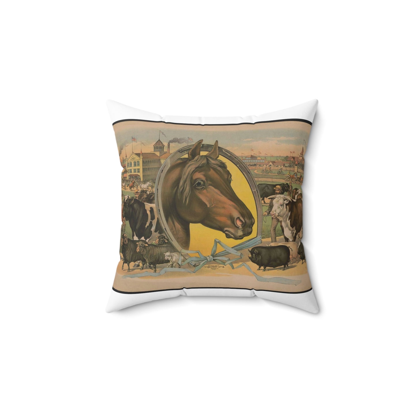 Horse framed by a horseshoe with fair buildings and a racetrack in the background Decorative Accent Square Pillow