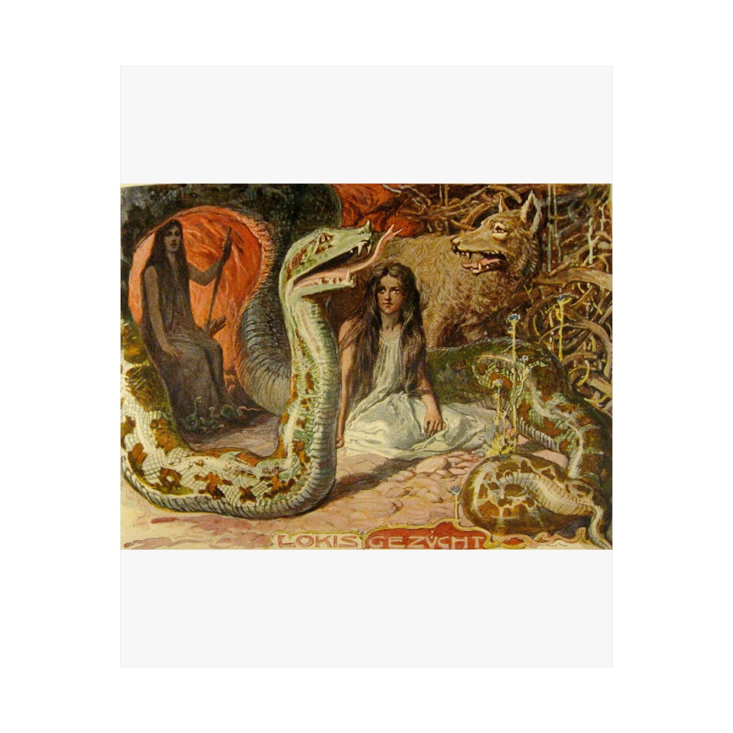 Lokis Gezücht - A painting of a woman sitting in front of a snake High Quality Matte Wall Art Poster for Home, Office, Classroom